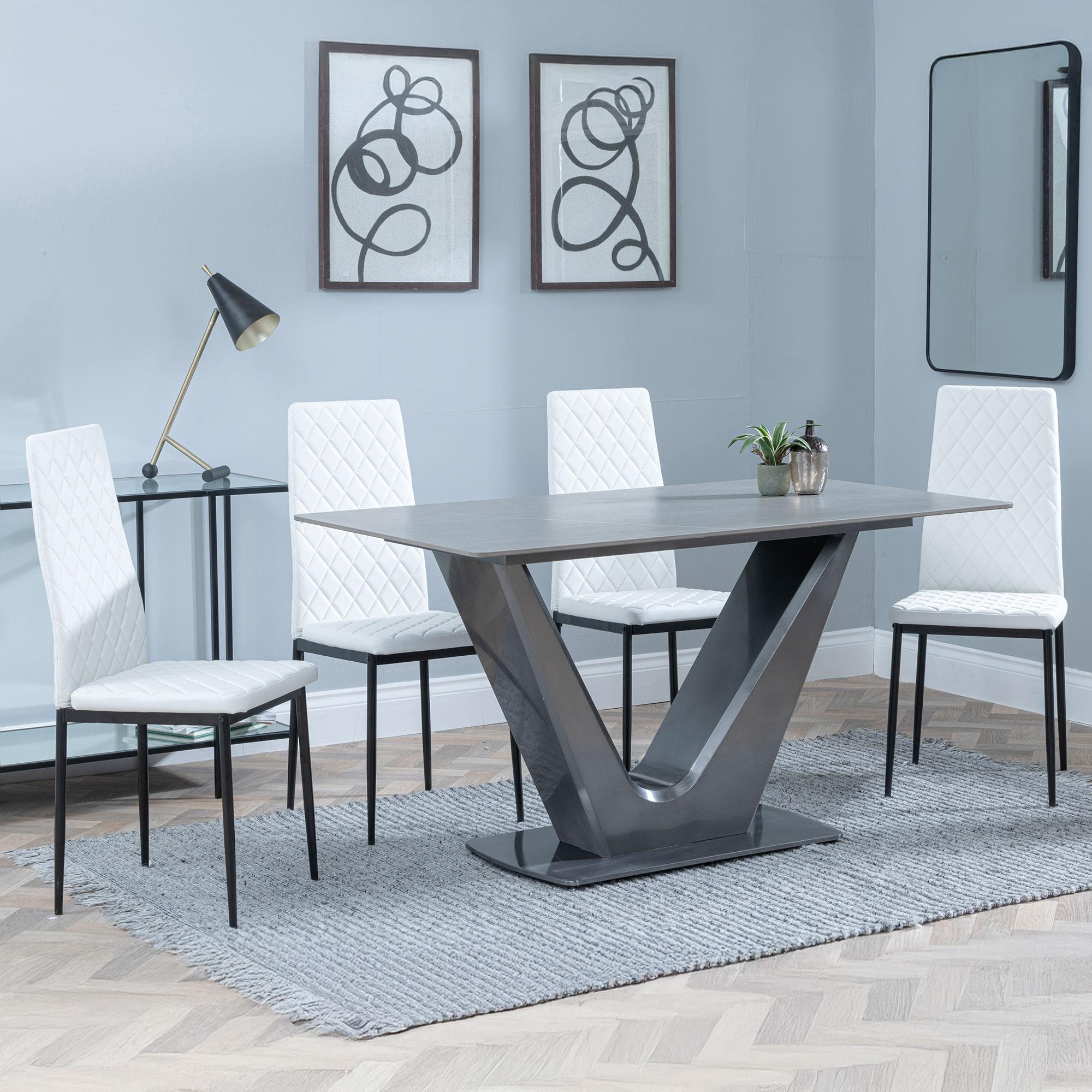 Camilla Grey Ceramic 4 Seater Dining Set - 4 Metro White Leather Dining Chair with Black Legs