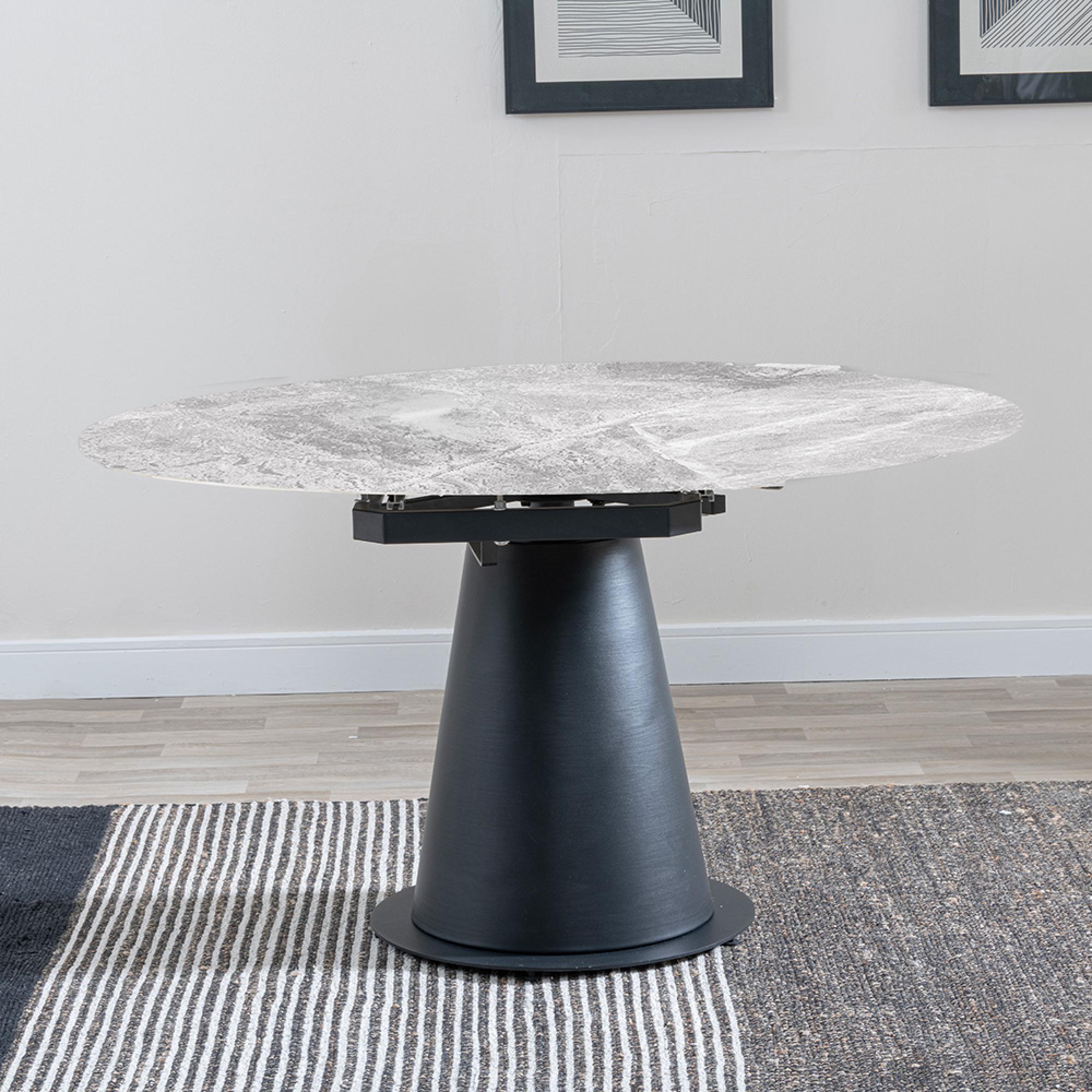 Carrara Dining Set - 4 Seater - 135cm - Round - Grey Ceramic - Extending - 4x Ace Swivel Dining Chairs - Beige Fabric