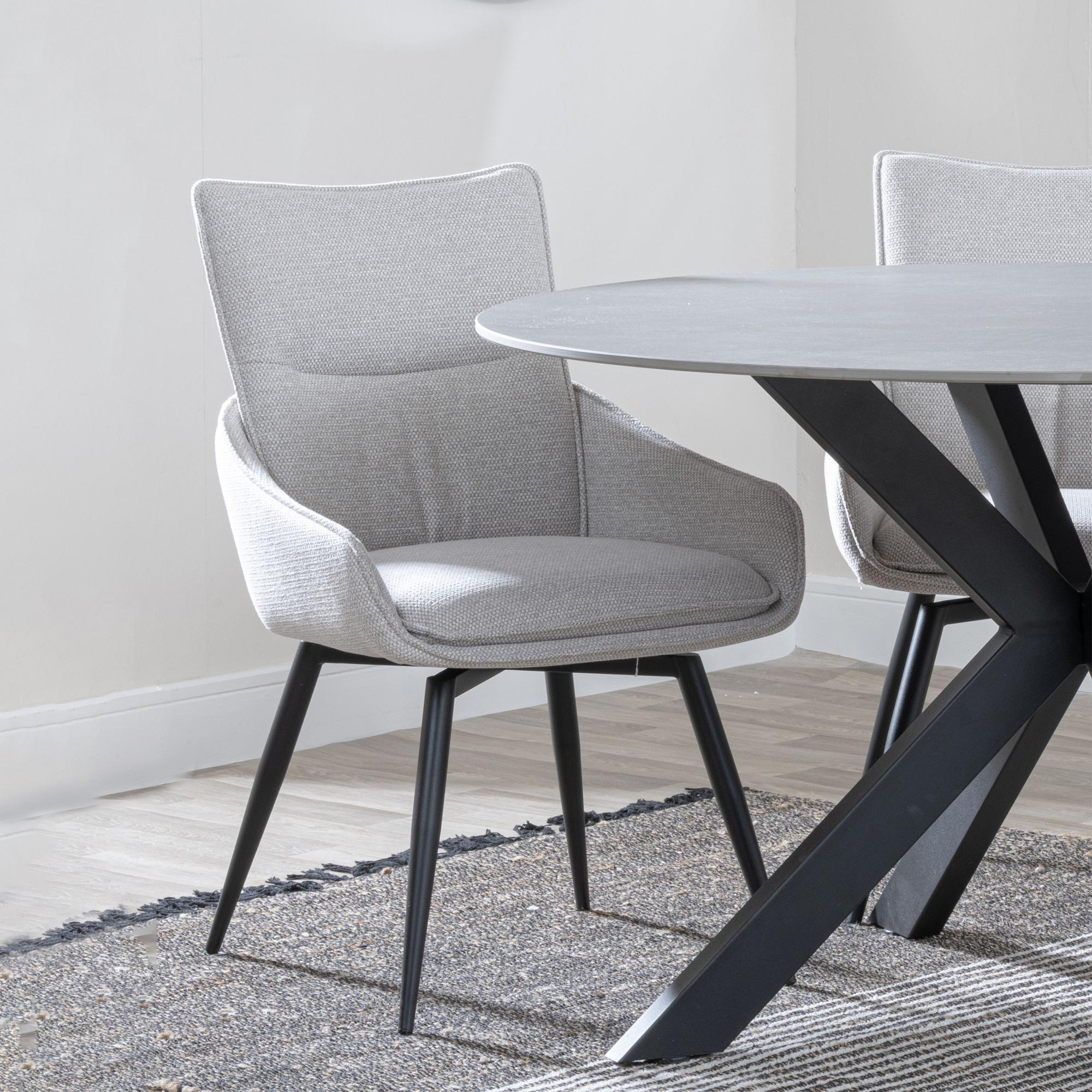 Carrara Dining Set - 4 Seater - 135cm - Round - Grey Ceramic - Extending - 4x Ace Swivel Dining Chairs - Beige Fabric