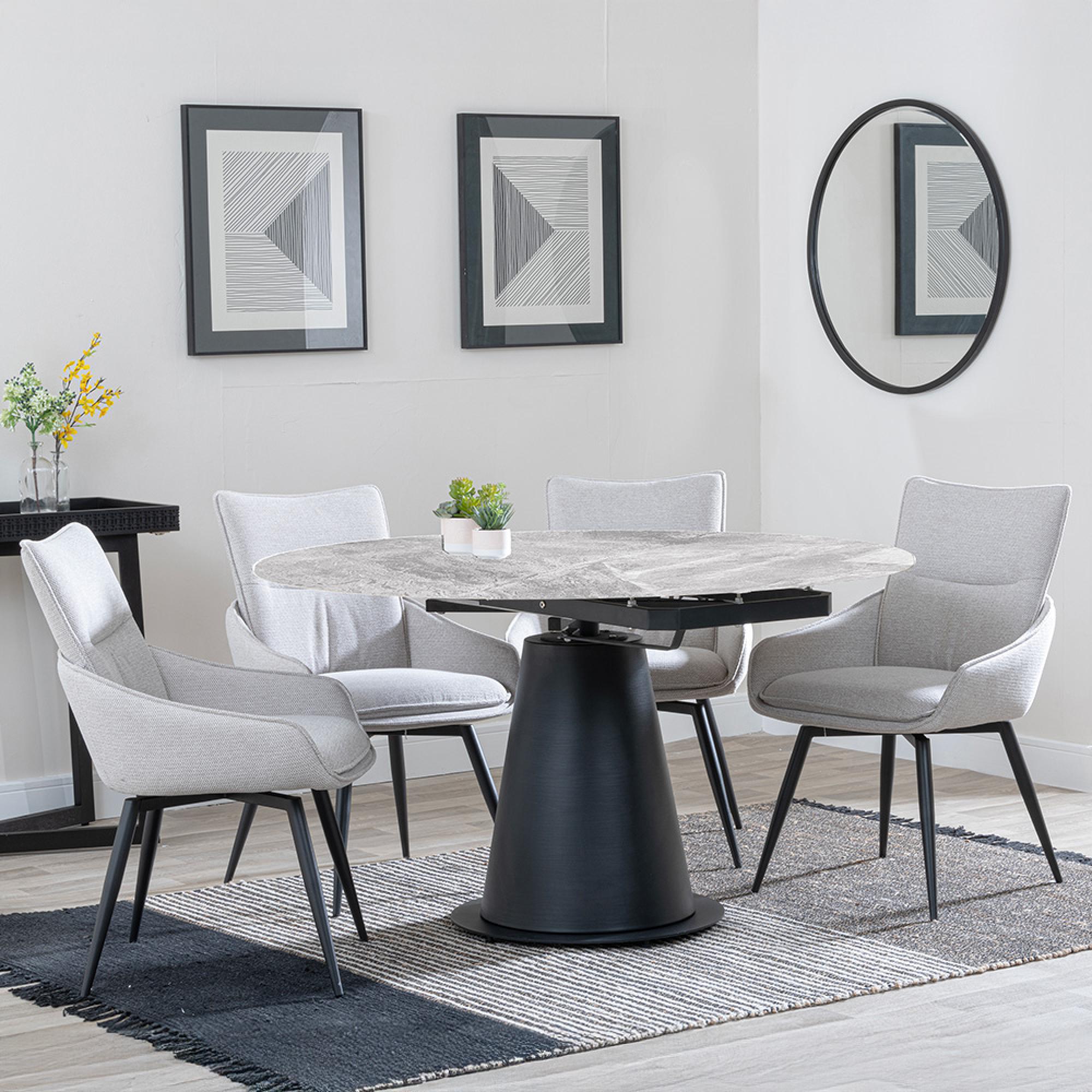 Carrara Grey Ceramic 4 Seater Round Extending Dining Set - 4 Ace Beige Fabric Swivel Dining Chair