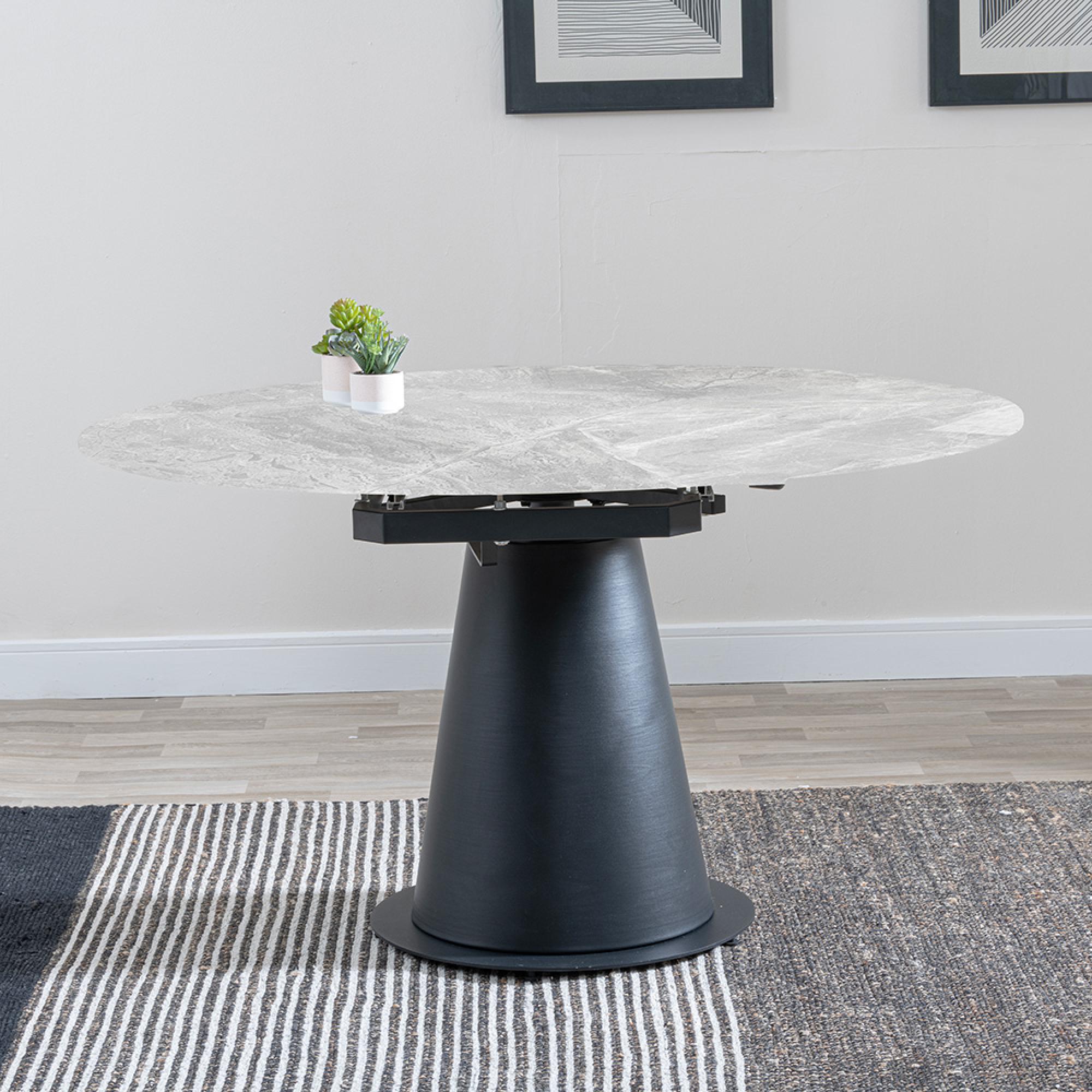Carrara Dining Set - 4 Seater - 135cm - Round - Grey Ceramic - Extending - 4x Ace Swivel Dining Chairs - Orange Fabric