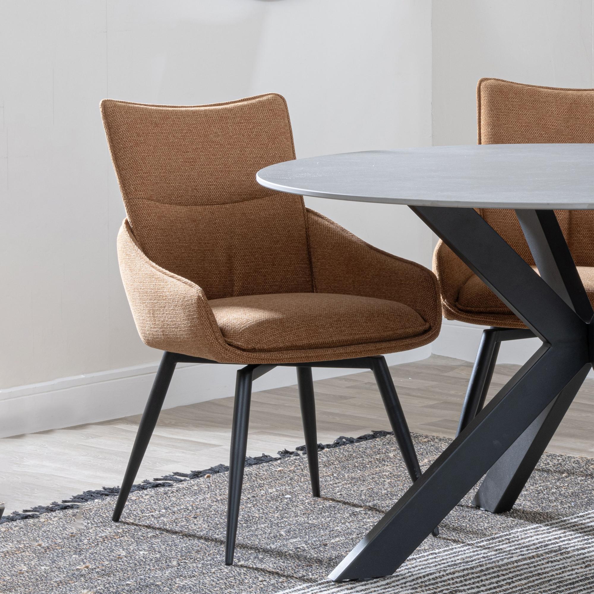 Carrara Dining Set - 4 Seater - 135cm - Round - Grey Ceramic - Extending - 4x Ace Swivel Dining Chairs - Orange Fabric