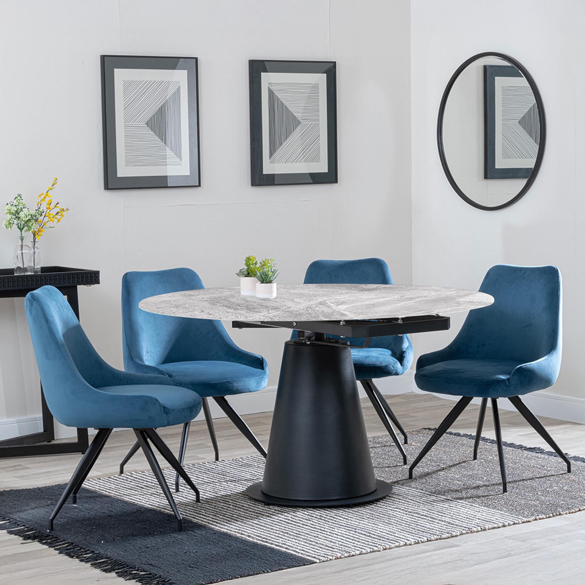Carrara Grey Ceramic 4 Seater Round Extending Dining Set - 4 Arctic Blue Velvet Fabric Swivel Dining Chair