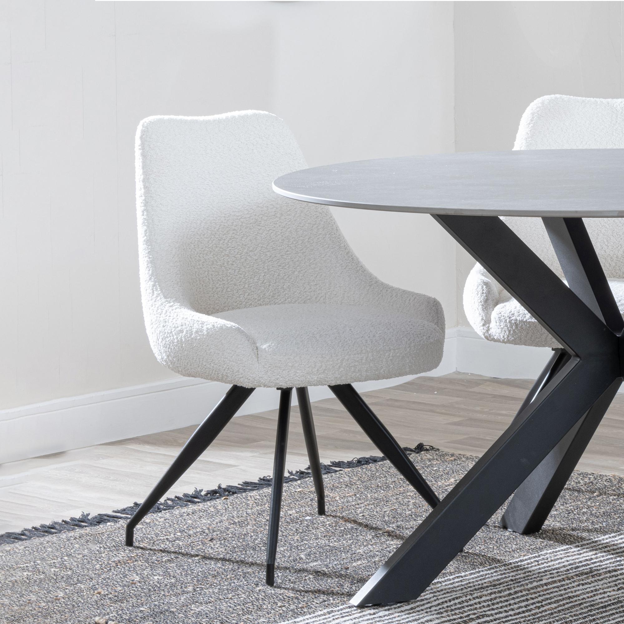 Carrara Dining Set - 4 Seater - 135cm - Round - Grey Ceramic - Extending - 4x Arctic Swivel Dining Chairs - Cream Velvet Fabric