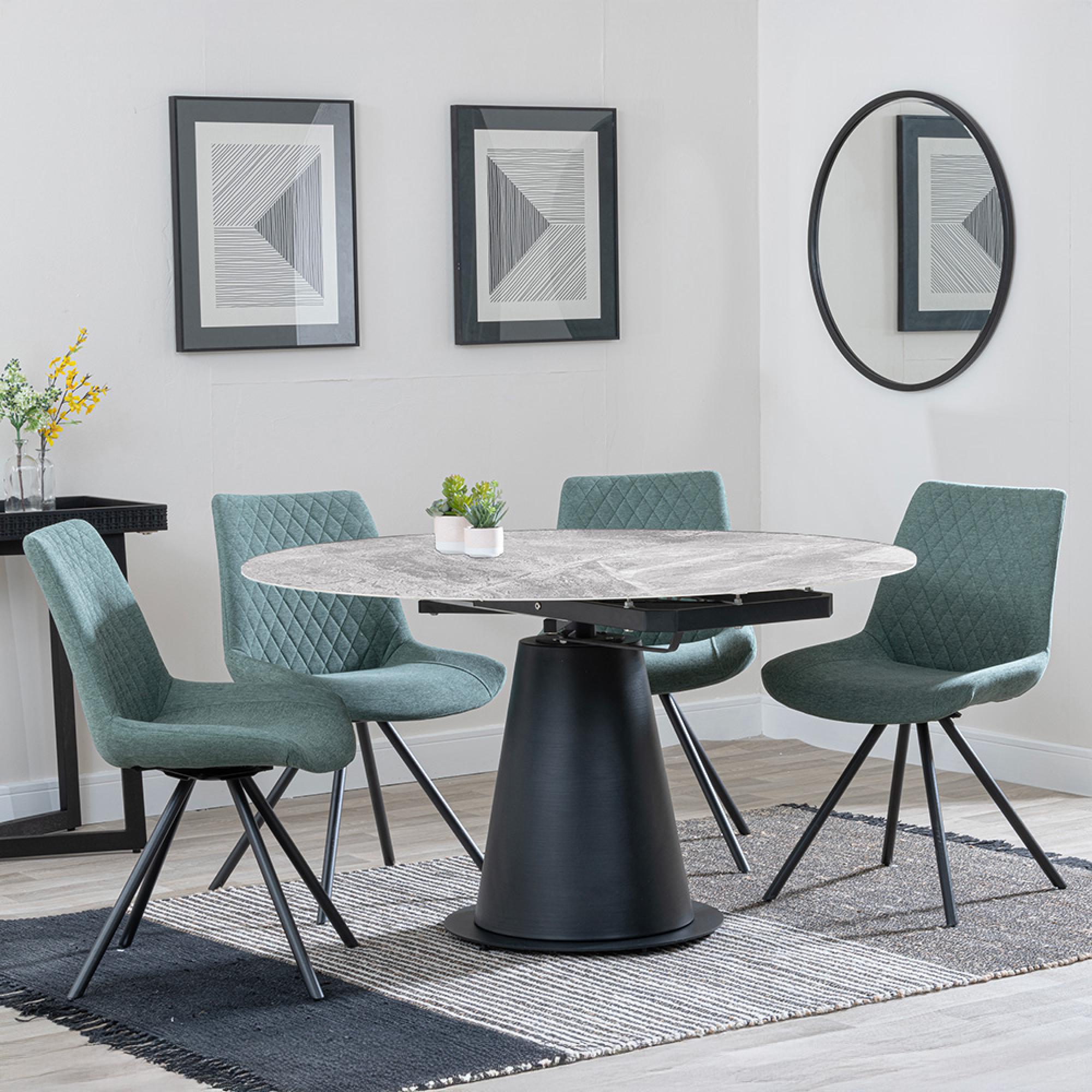 Carrara Grey Ceramic 4 Seater Round Extending Dining Set - 4 Boden Green Fabric Swivel Dining Chair