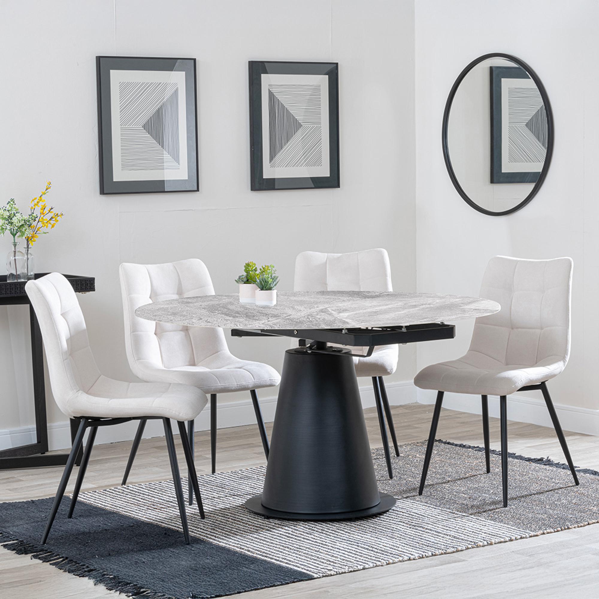Carrara Grey Ceramic 4 Seater Round Extending Dining Set - 4 Corona Beige Fabric Dining Chair