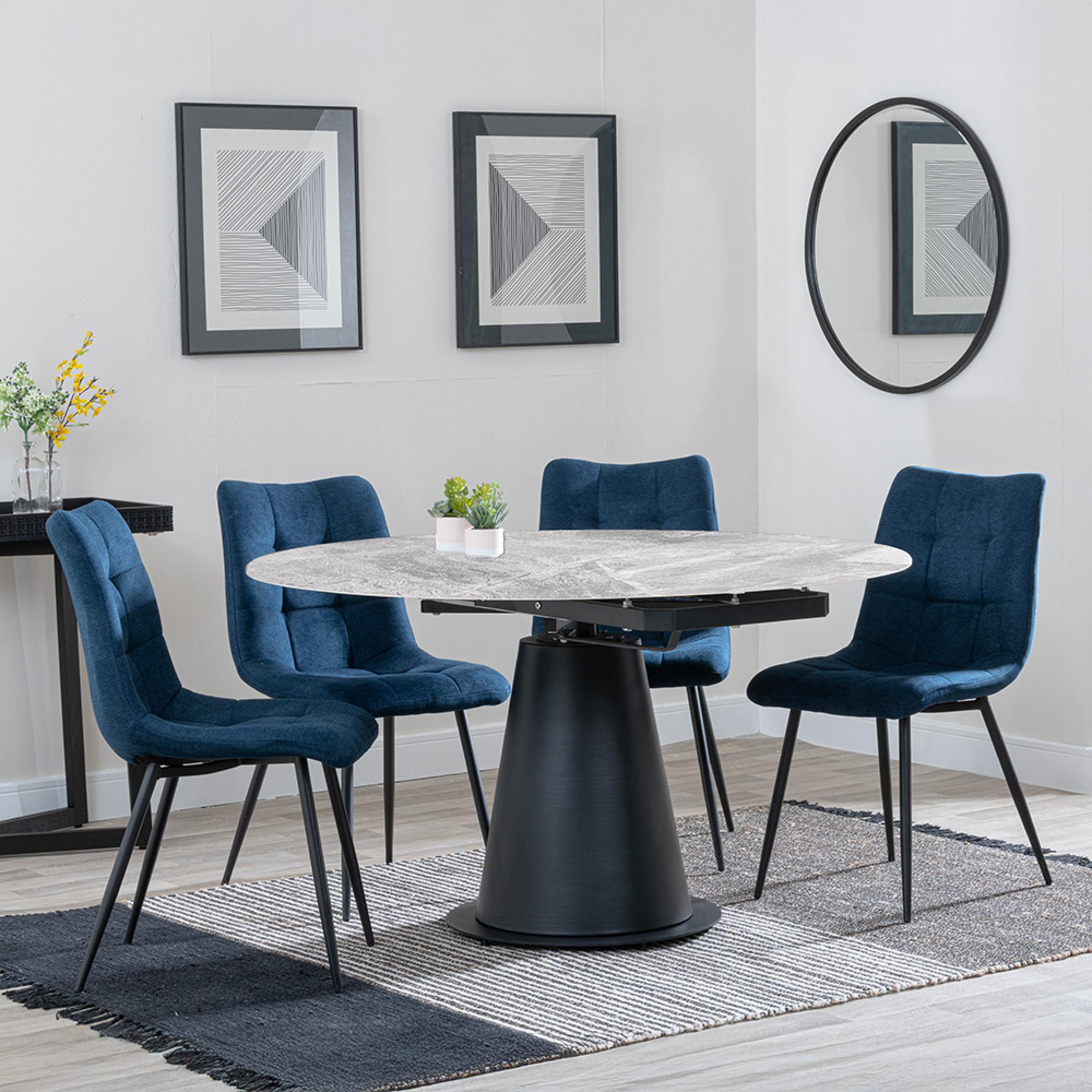 Carrara Grey Ceramic 4 Seater Round Extending Dining Set - 4 Corona Blue Fabric Dining Chair