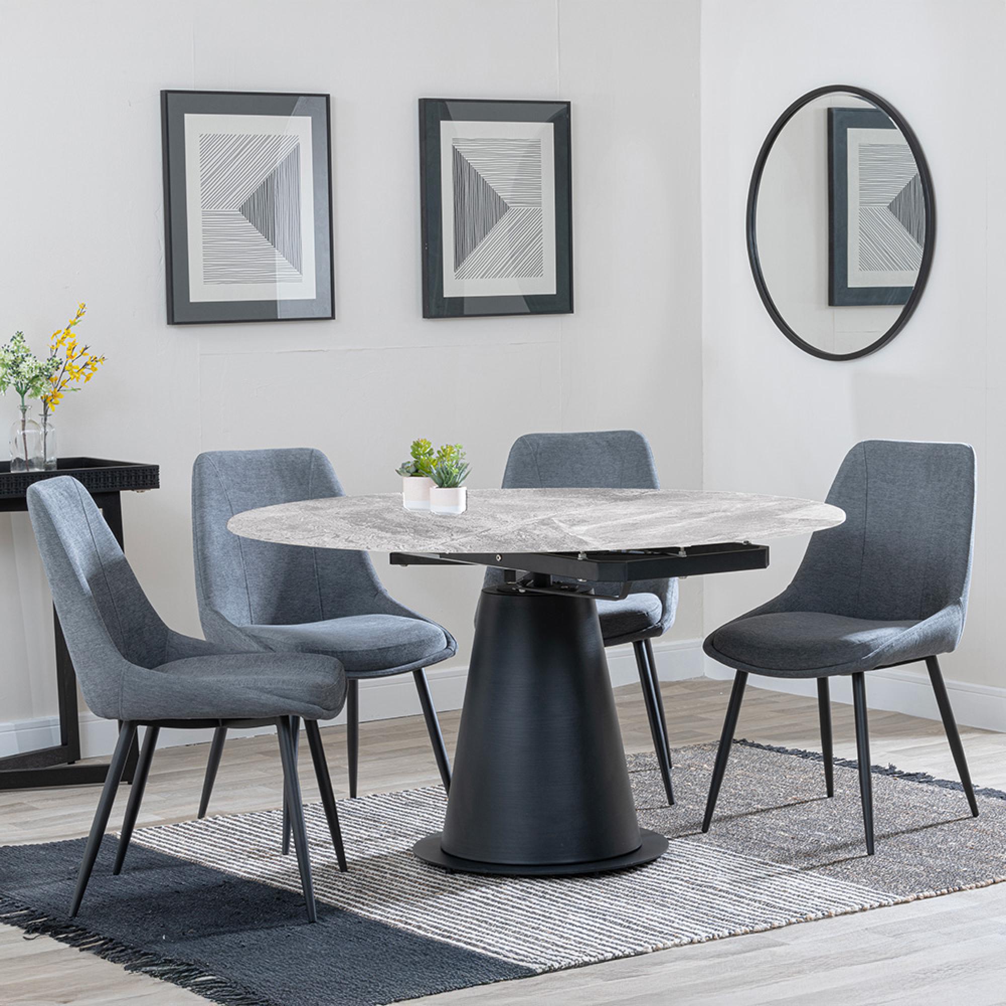 Carrara Grey Ceramic 4 Seater Round Extending Dining Set - 4 Darwin Grey Fabric Dining Chair