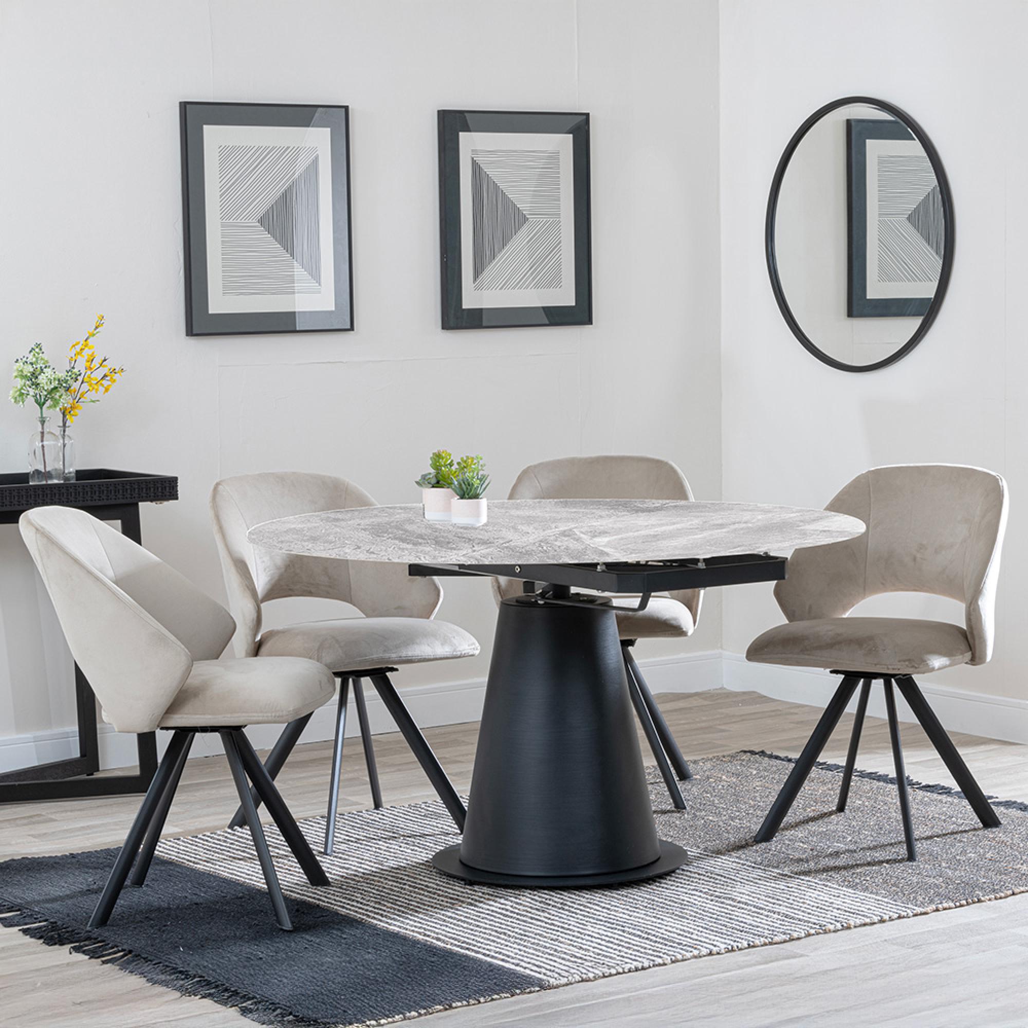 Carrara Dining Set - 4 Seater - 135cm - Round - Grey Ceramic - Extending - 4x Ion Swivel Dining Chairs - Beige Velvet Fabric