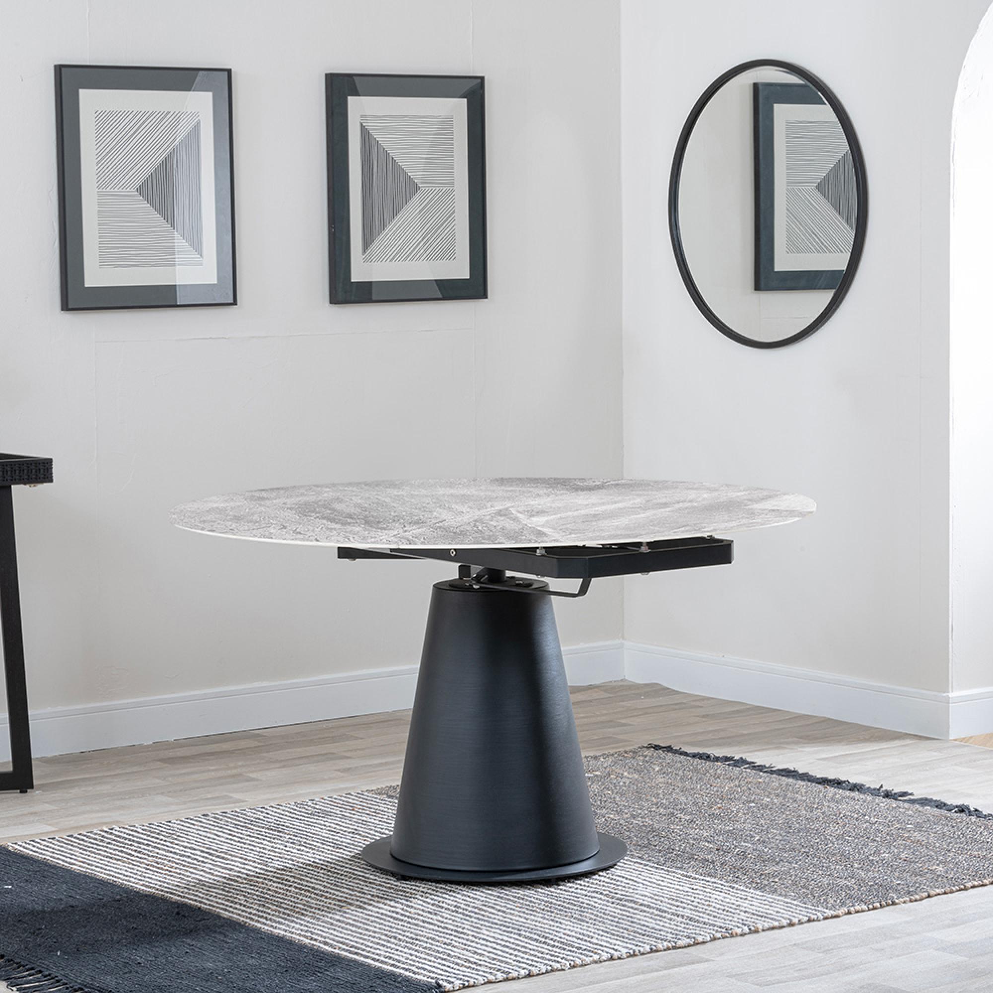 Carrara Dining Set - 4 Seater - 135cm - Round - Grey Ceramic - Extending - 4x Peyton Dining Chairs - Blue Fabric