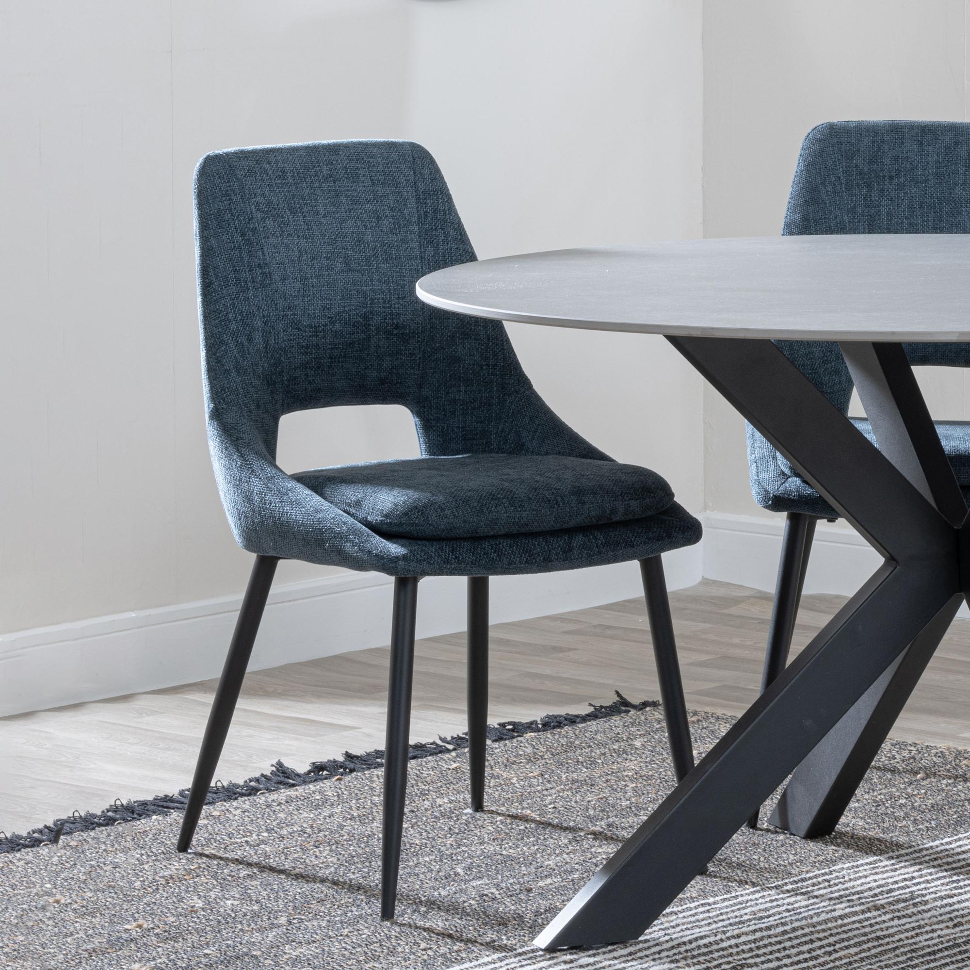 Carrara Dining Set - 4 Seater - 135cm - Round - Grey Ceramic - Extending - 4x Peyton Dining Chairs - Blue Fabric