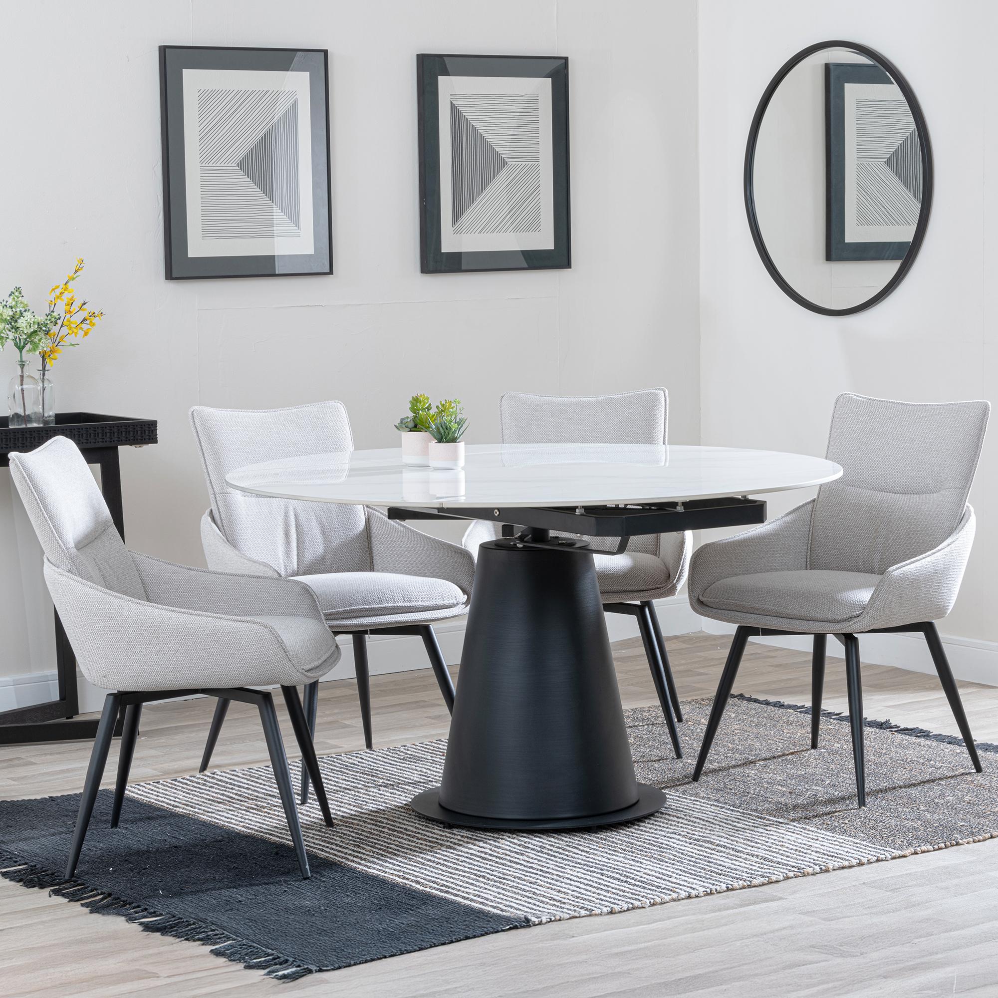 Carrara White Ceramic 4 Seater Round Extending Dining Set - 4 Ace Beige Fabric Swivel Dining Chair
