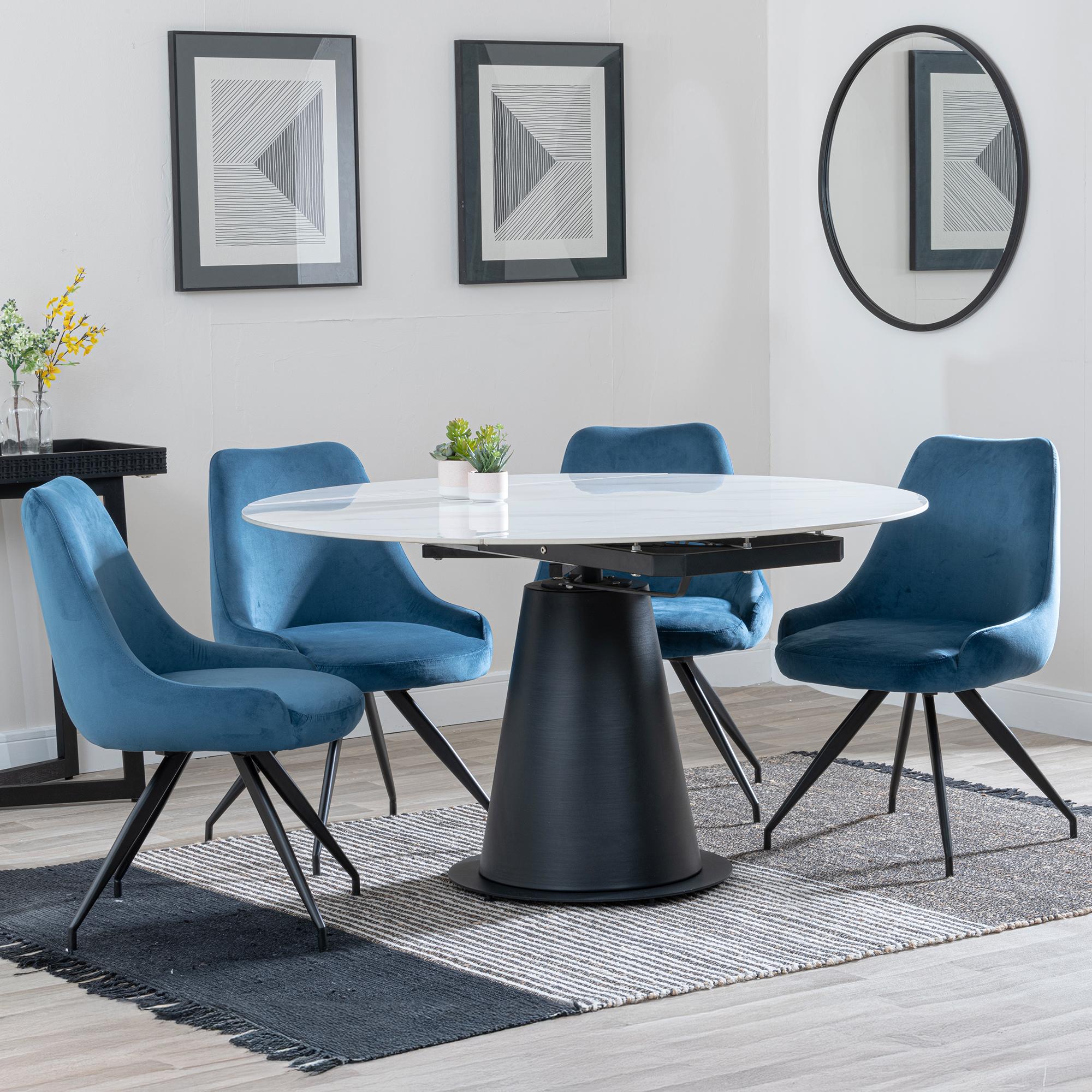 Carrara White Ceramic 4 Seater Round Extending Dining Set - 4 Arctic Blue Velvet Fabric Swivel Dining Chair