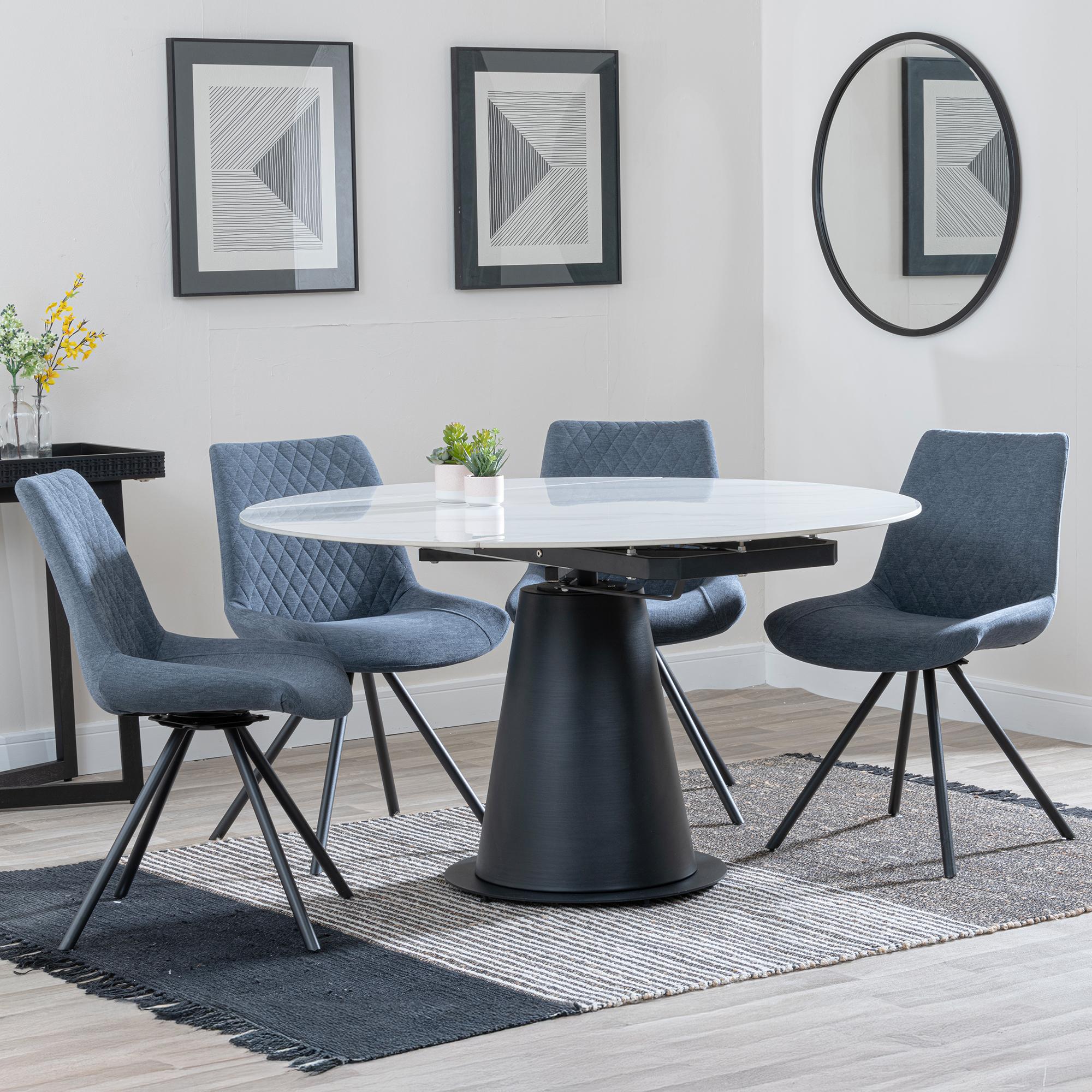 Carrara White Ceramic 4 Seater Round Extending Dining Set - 4 Boden Dark Grey Fabric Swivel Dining Chair