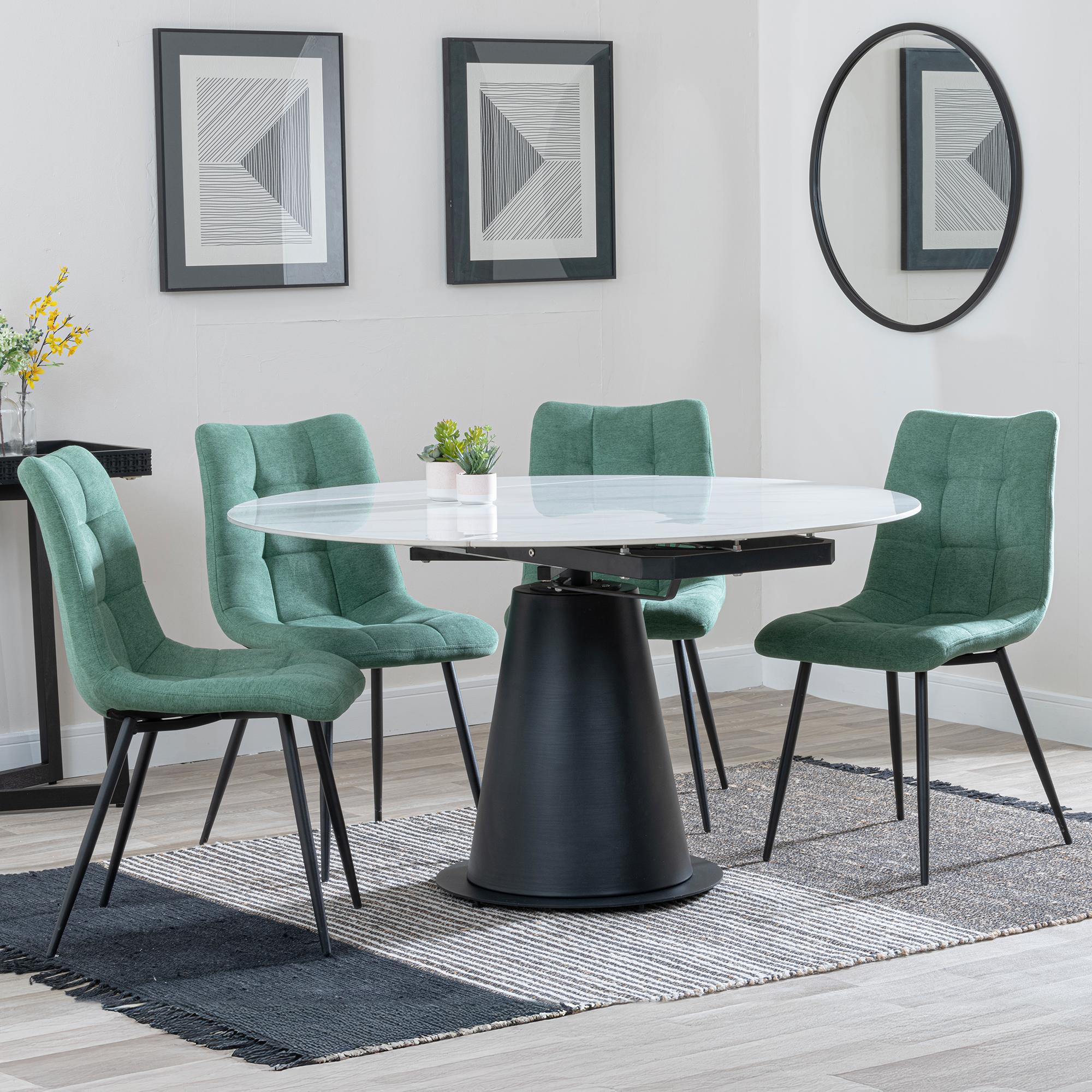 Carrara White Ceramic 4 Seater Round Extending Dining Set - 4 Corona Green Fabric Dining Chair