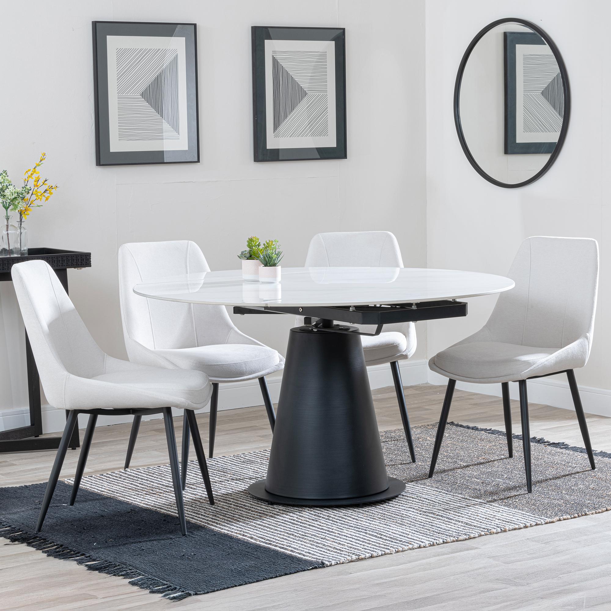 Carrara White Ceramic 4 Seater Round Extending Dining Set - 4 Darwin Cream Fabric Dining Chair