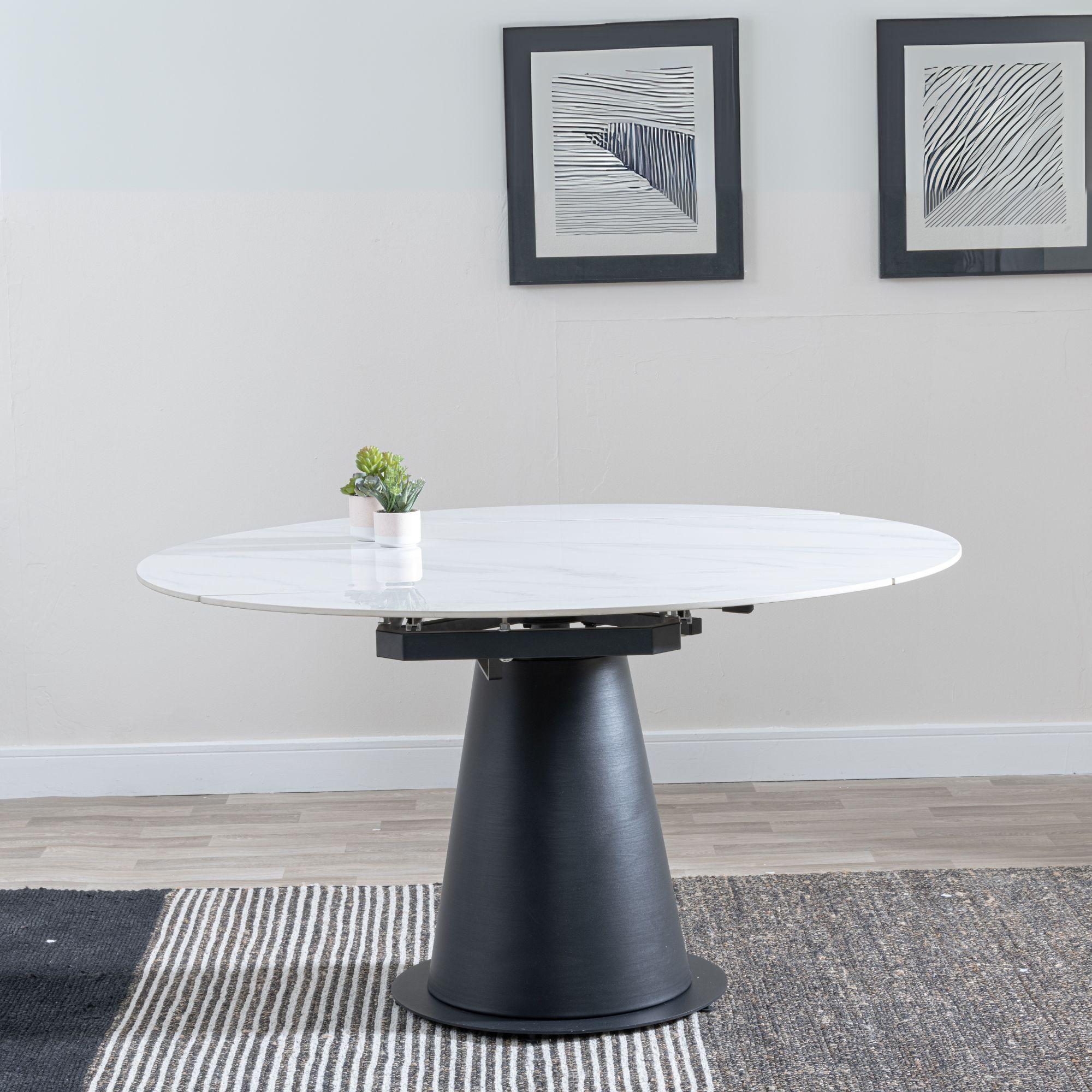 Carrara Dining Set - 4 Seater - 135cm - Round - White Ceramic - Extending - 4x Darwin Dining Chairs - Dark Grey Fabric