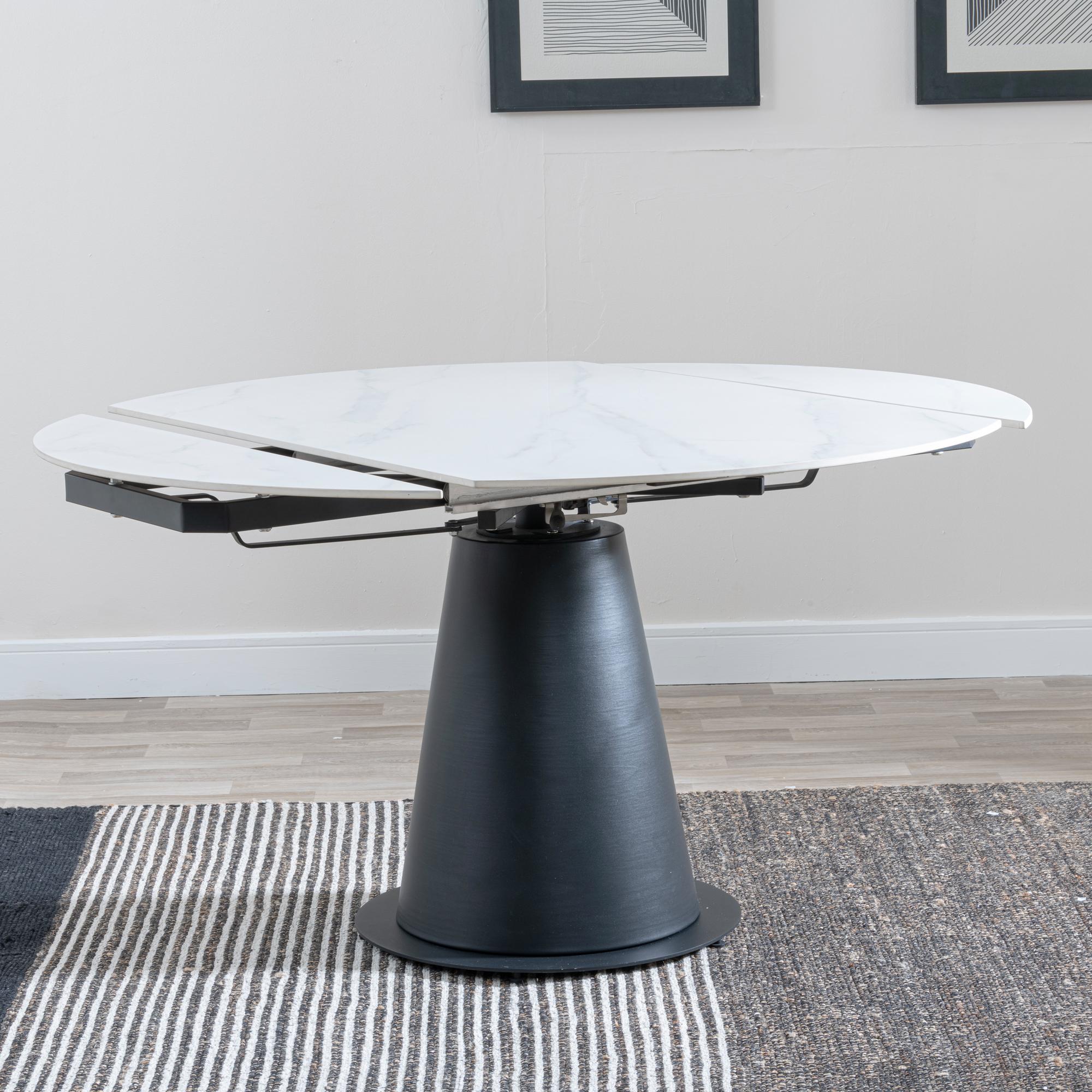 Carrara Dining Set - 4 Seater - 135cm - Round - White Ceramic - Extending - 4x Darwin Dining Chairs - Dark Grey Fabric