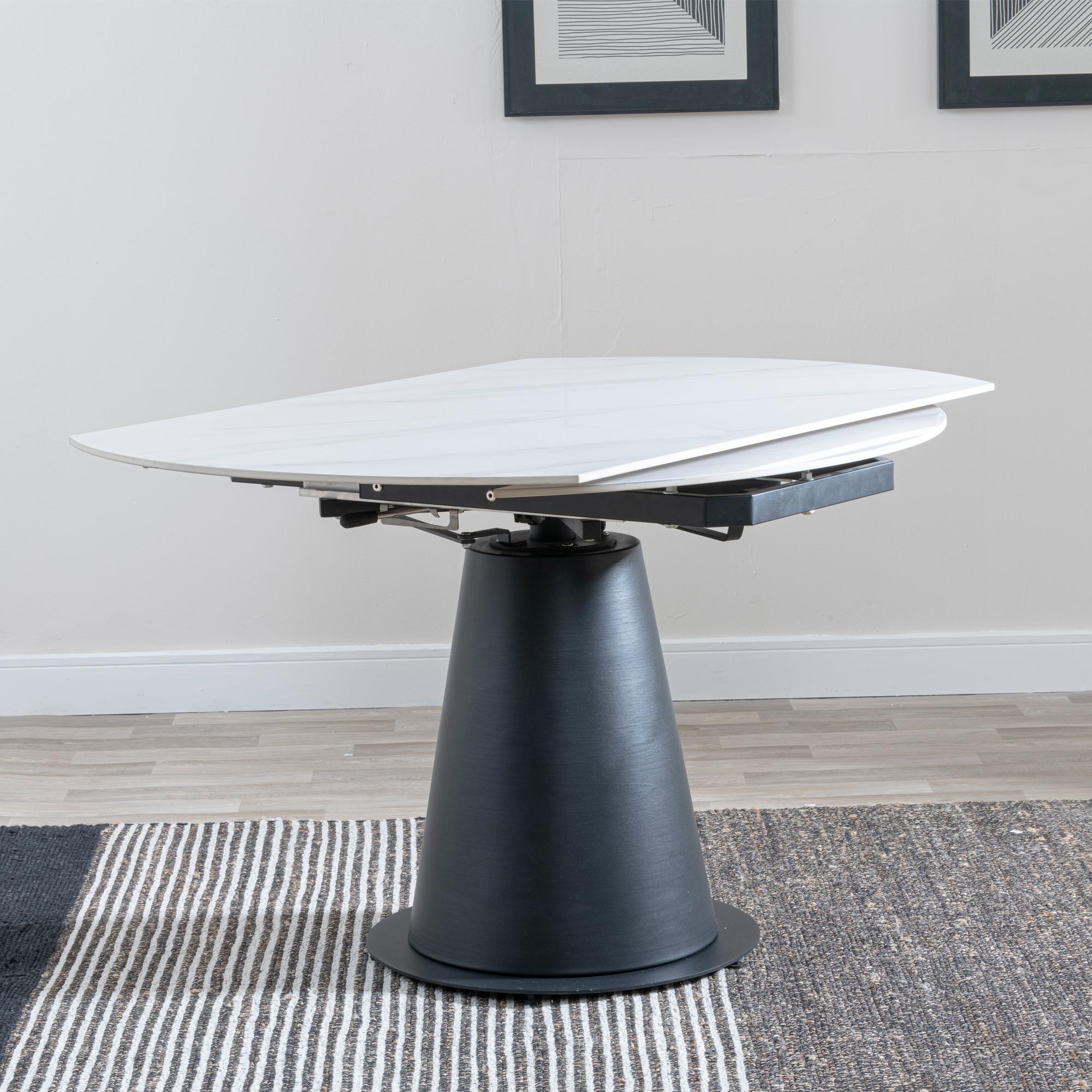 Carrara Dining Set - 4 Seater - 135cm - Round - White Ceramic - Extending - 4x Darwin Dining Chairs - Dark Grey Fabric