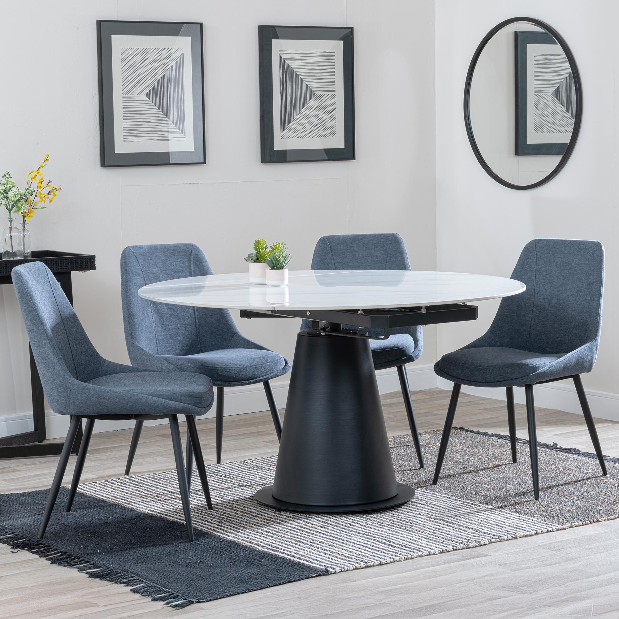 Carrara White Ceramic 4 Seater Round Extending Dining Set - 4 Darwin Dark Grey Fabric Dining Chair