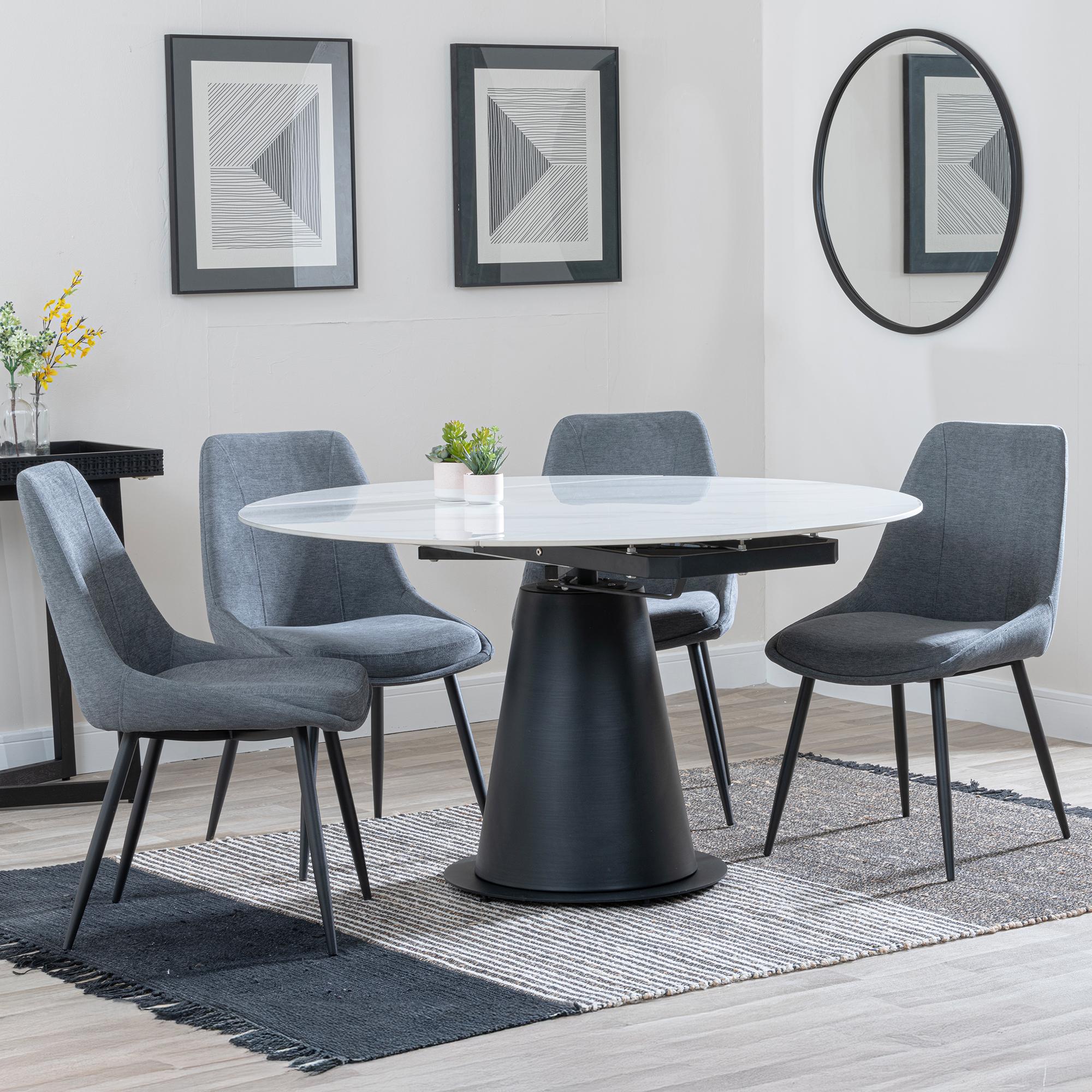 Carrara White Ceramic 4 Seater Round Extending Dining Set - 4 Darwin Grey Fabric Dining Chair