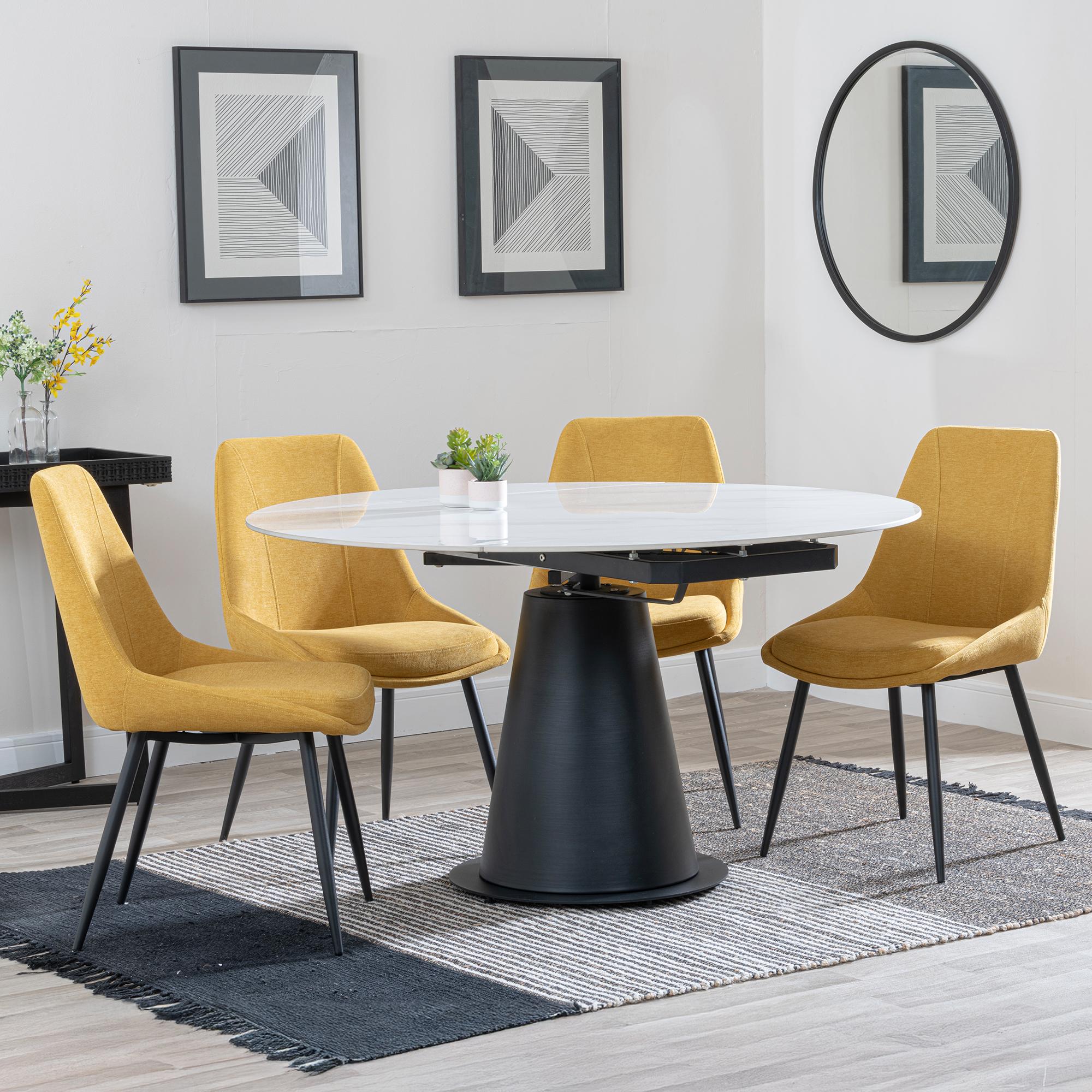 Carrara White Ceramic 4 Seater Round Extending Dining Set - 4 Darwin Yellow Fabric Dining Chair