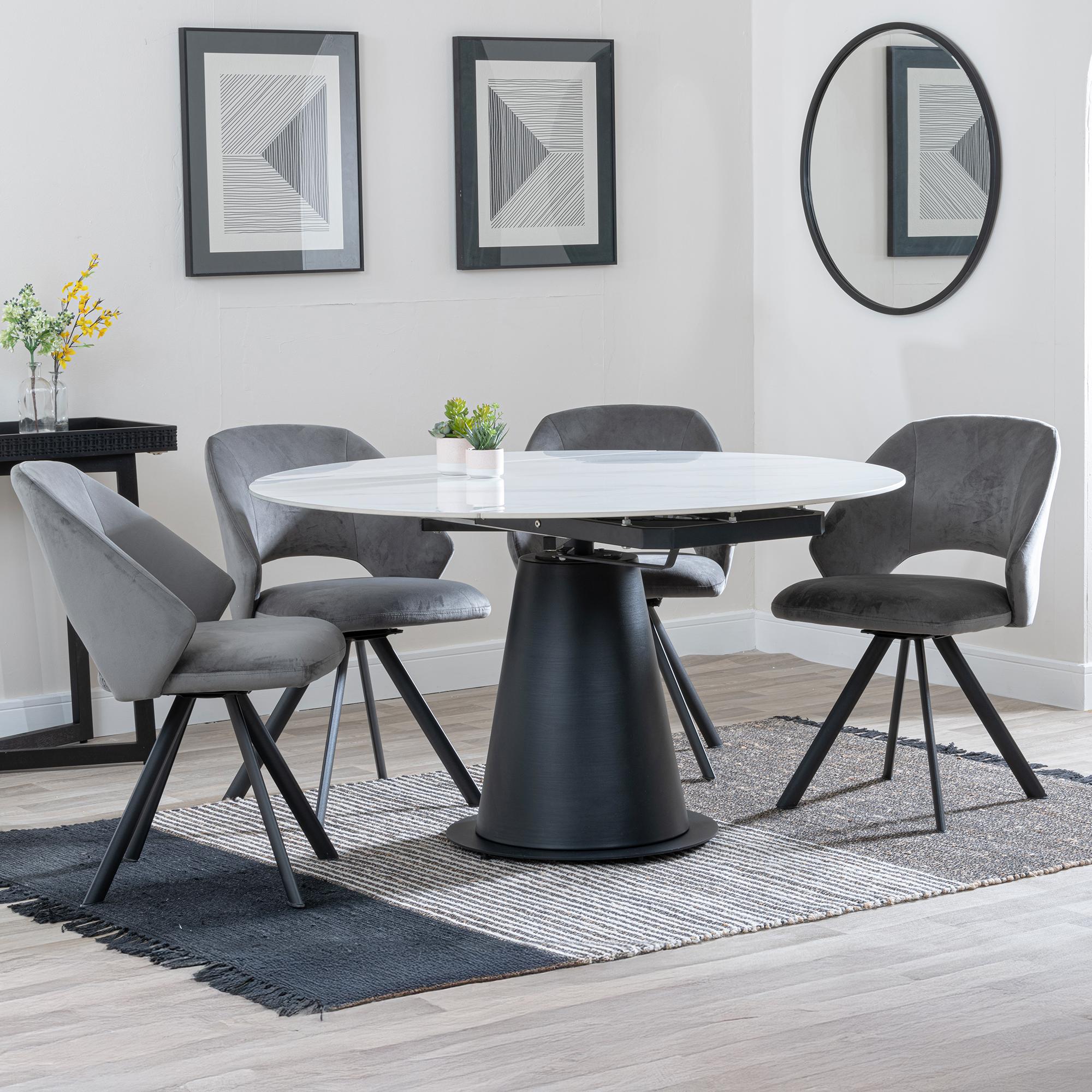 Carrara White Ceramic 4 Seater Round Extending Dining Set - 4 Ion Dark Grey Velvet Fabric Swivel Dining Chair
