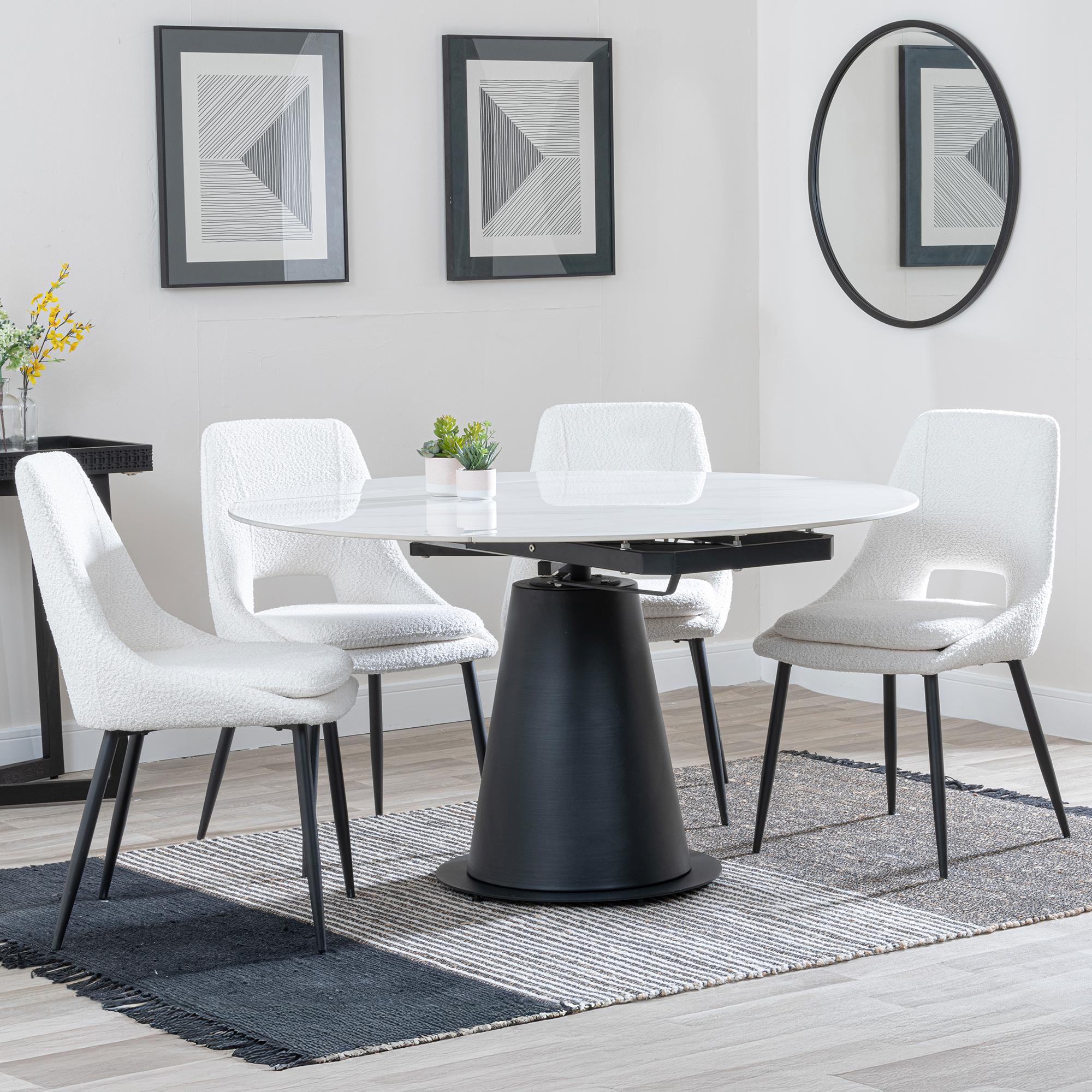 Carrara White Ceramic 4 Seater Round Extending Dining Set - 4 Peyton Cream Fabric Dining Chair