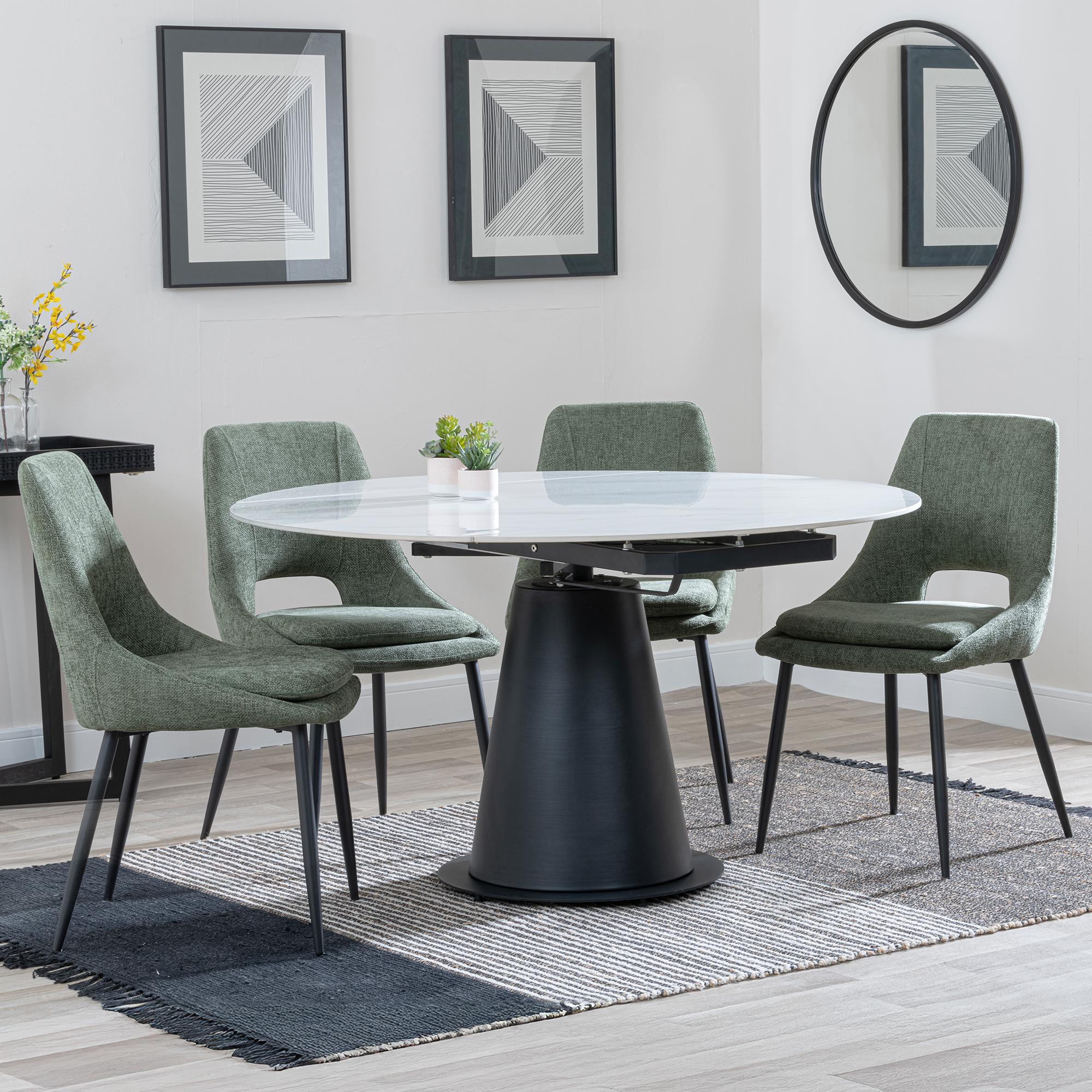 Carrara White Ceramic 4 Seater Round Extending Dining Set - 4 Peyton Green Fabric Dining Chair