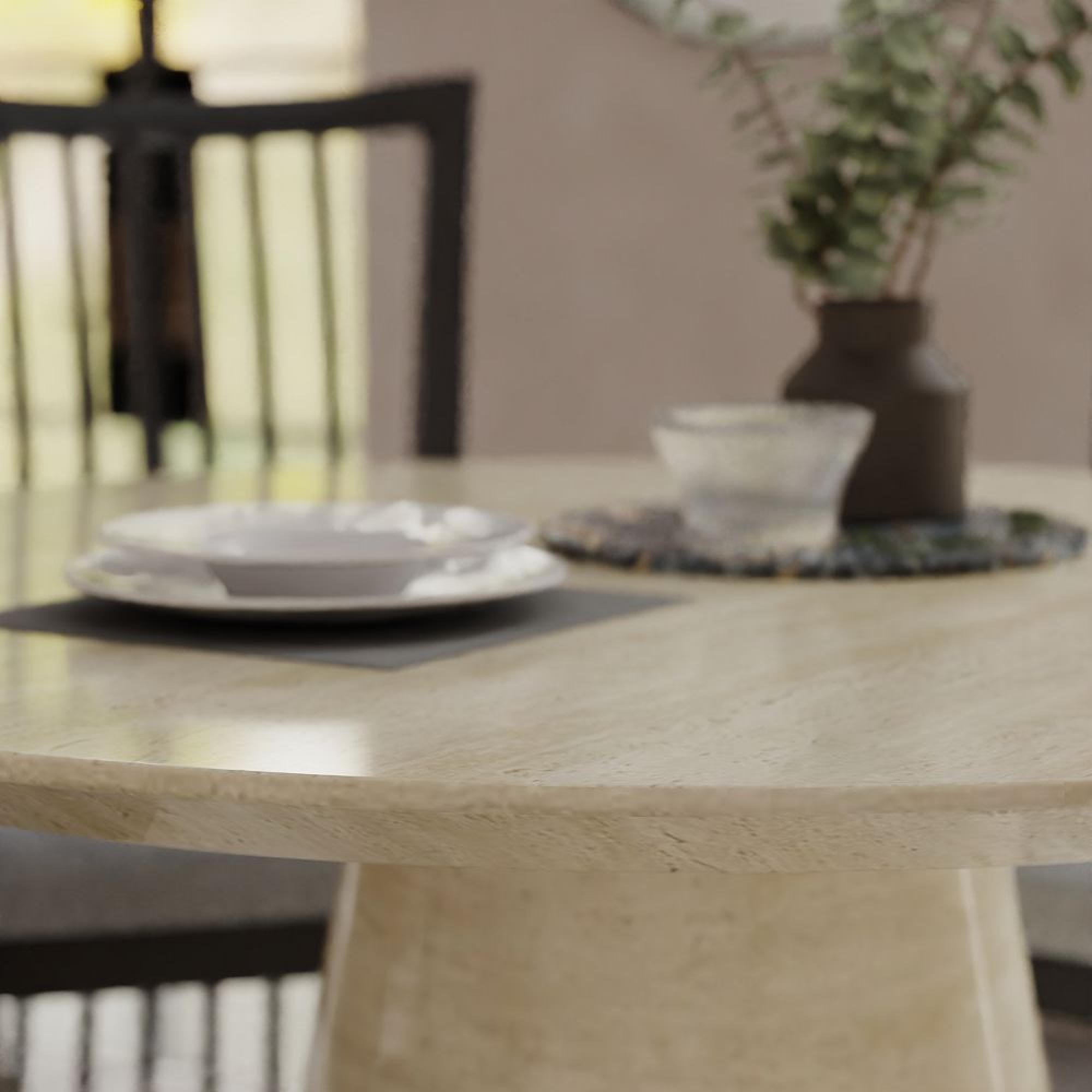 Carrera Dining Set - 4 Seater - 130cm - Round - Travertine Beige Engineered Marble - 4x Athena Dining Chairs - Black High Gloss - Grey Seat Pads