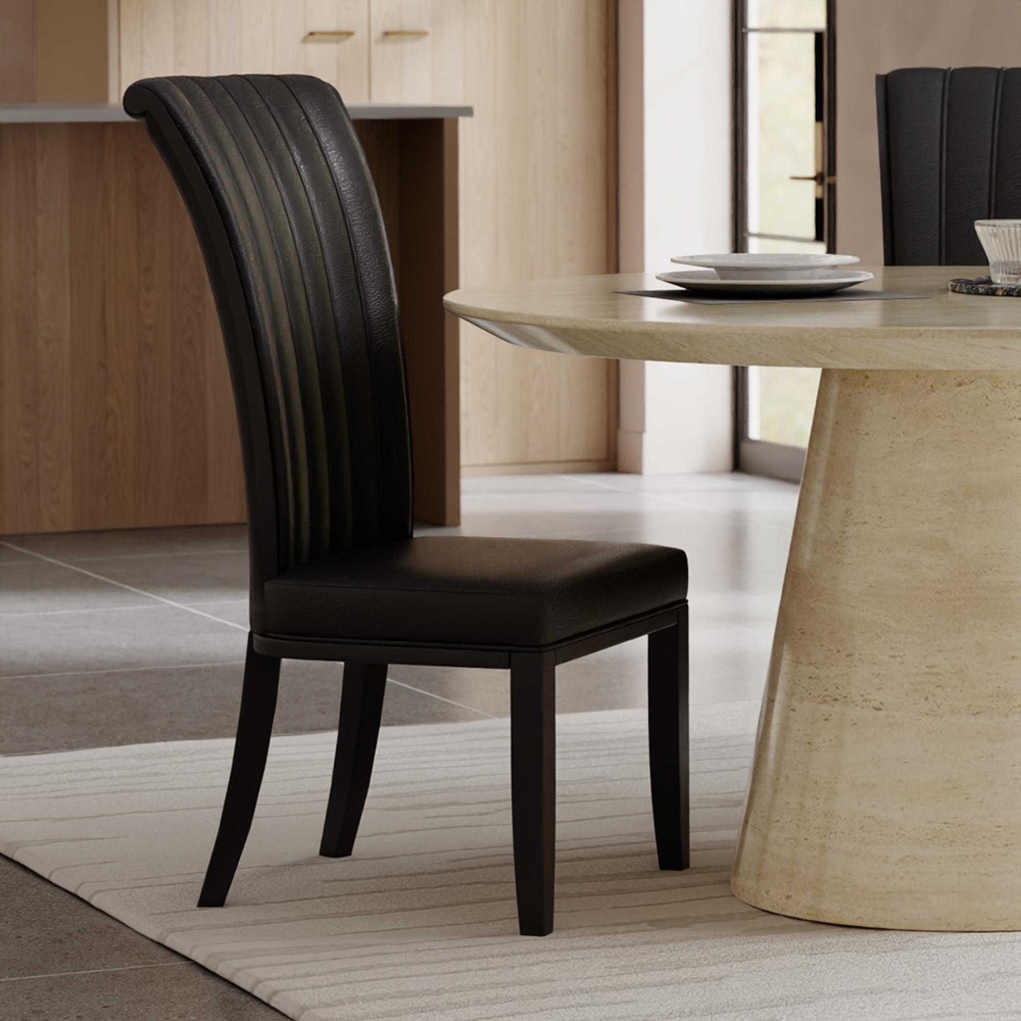Carrera Dining Set - 4 Seater - 130cm - Round - Travertine Beige Engineered Marble - 4x Cadiz Dining Chairs - Black Leather