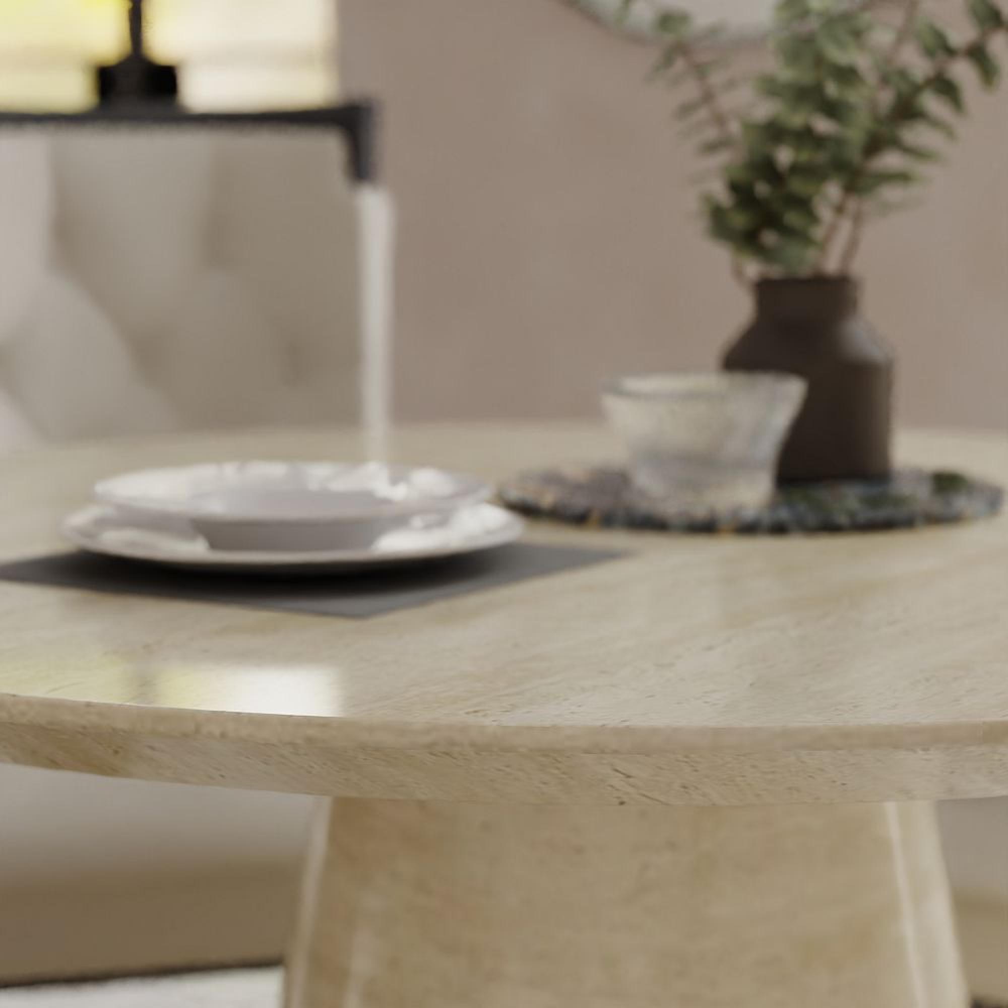 Carrera Dining Set - 4 Seater - 130cm - Round - Travertine Beige Engineered Marble - 4x Carmela Dining Chairs - Cream Leather