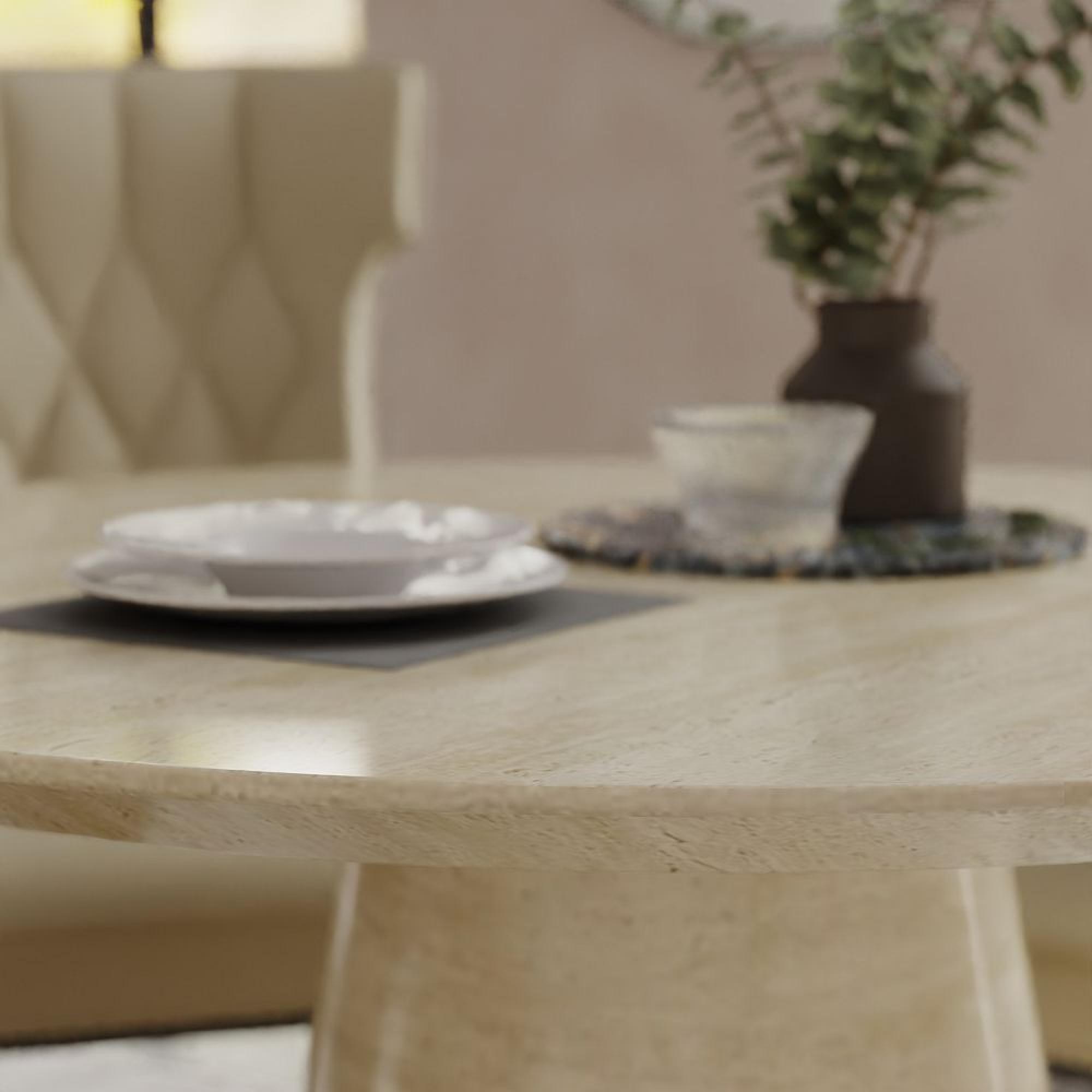 Carrera Dining Set - 4 Seater - 130cm - Round - Travertine Beige Engineered Marble - 4x Mimi Dining Chairs - Cream Leather