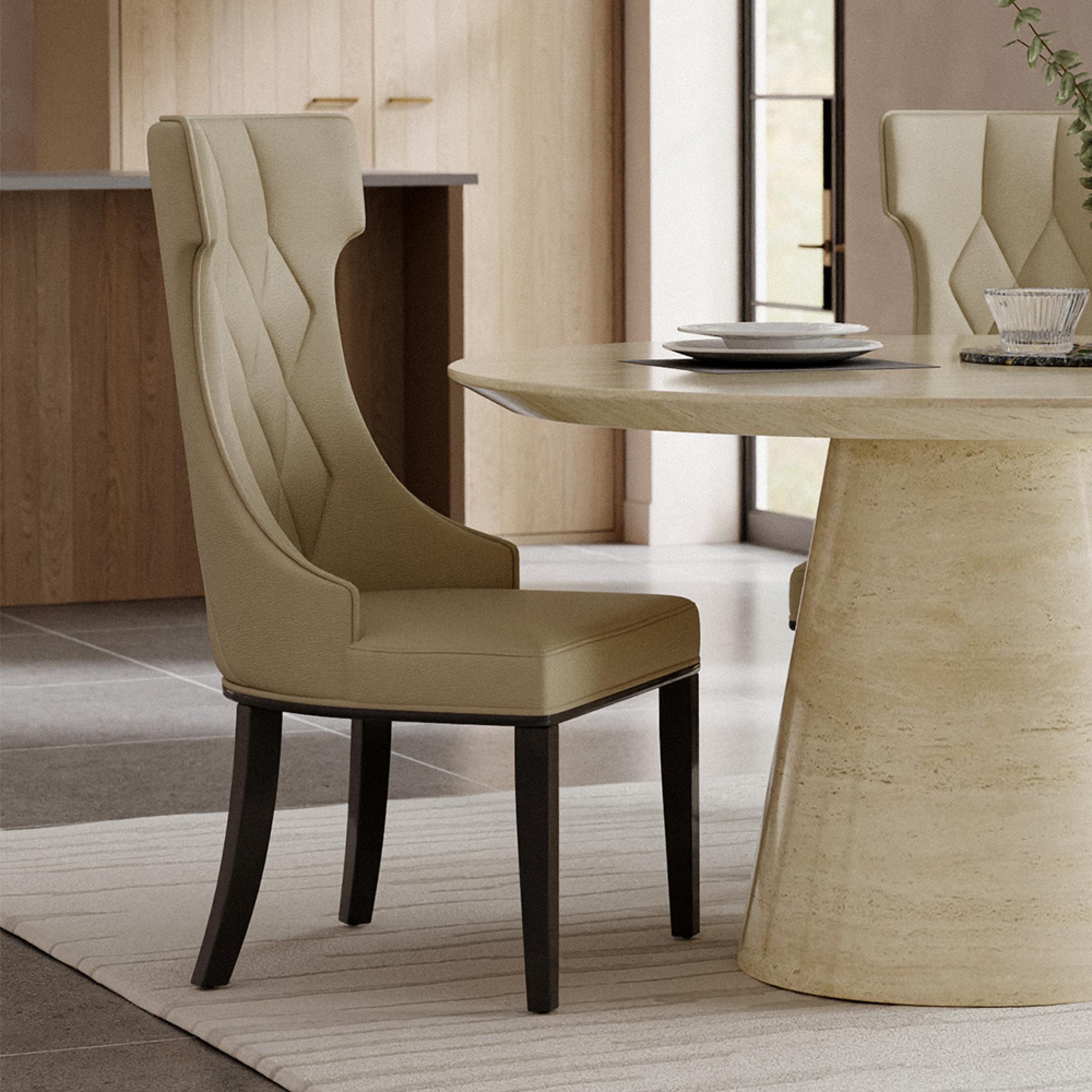 Carrera Dining Set - 4 Seater - 130cm - Round - Travertine Beige Engineered Marble - 4x Mimi Dining Chairs - Cream Leather