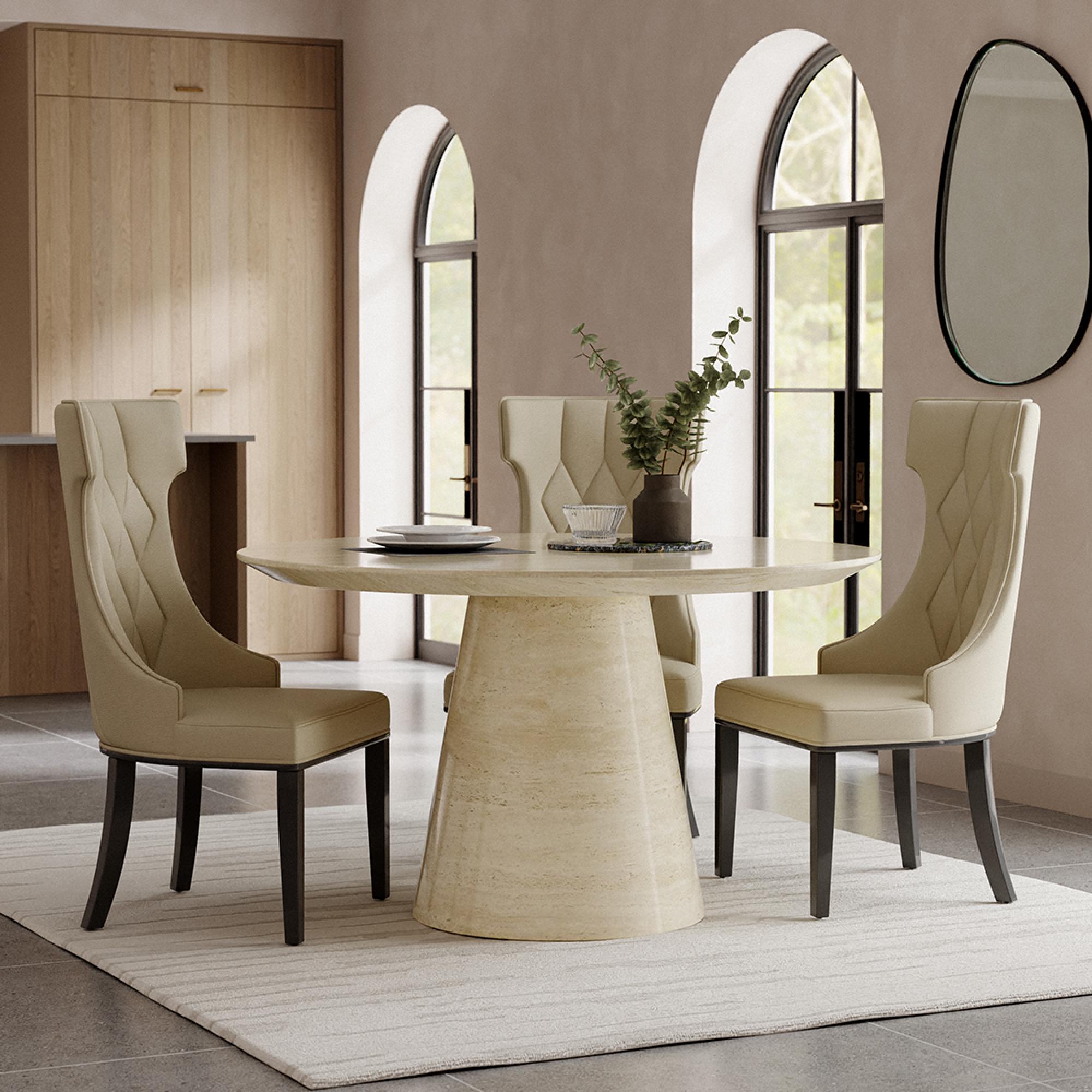 Carrera Travertine Beige Engineered Marble Round Dining Set - 4 Mimi Cream Leather Dining Chair