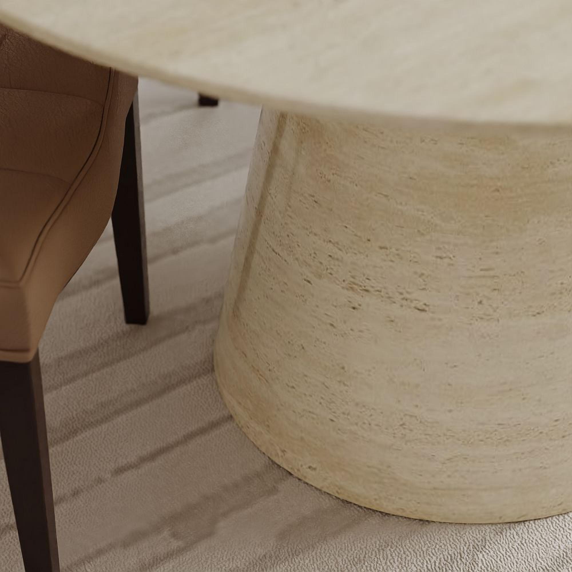 Carrera Dining Set - 4 Seater - 130cm - Round - Travertine Beige Engineered Marble - 4x Paris Dining Chairs - Taupe Leather - Brown Legs