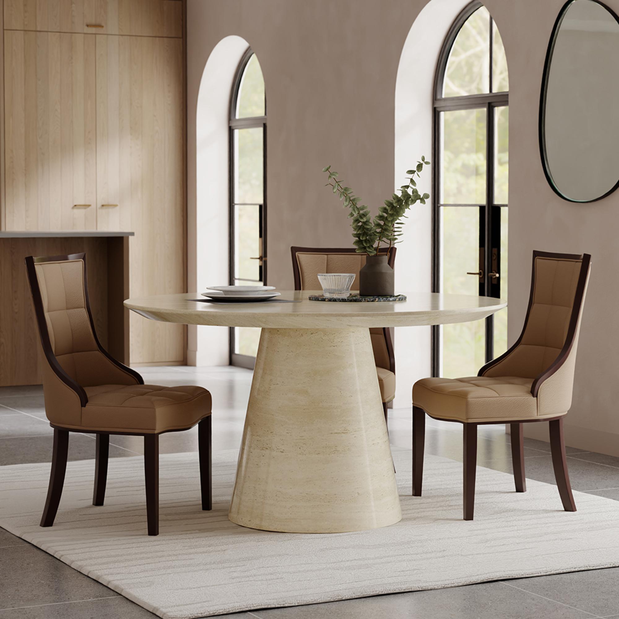 Carrera Travertine Beige Engineered Marble Round Dining Set - 4 Paris Taupe Leather Dining Chair with Brown Legs