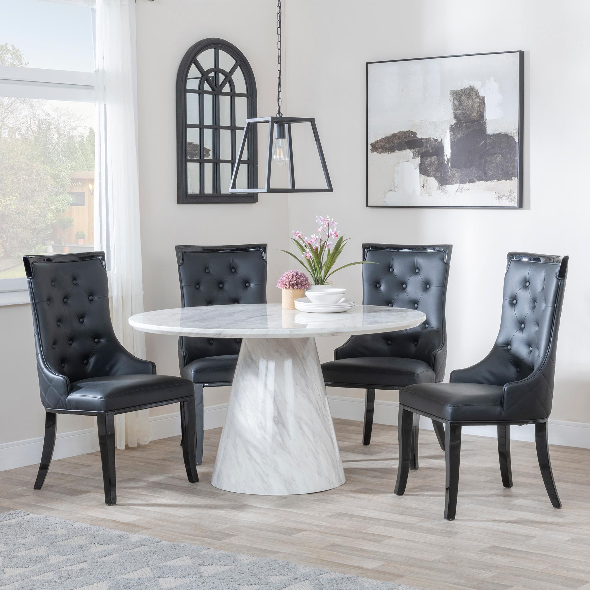Carrera 4 Seater White Marble Round Dining Set - 4 Carmela Black Leather Dining Chair