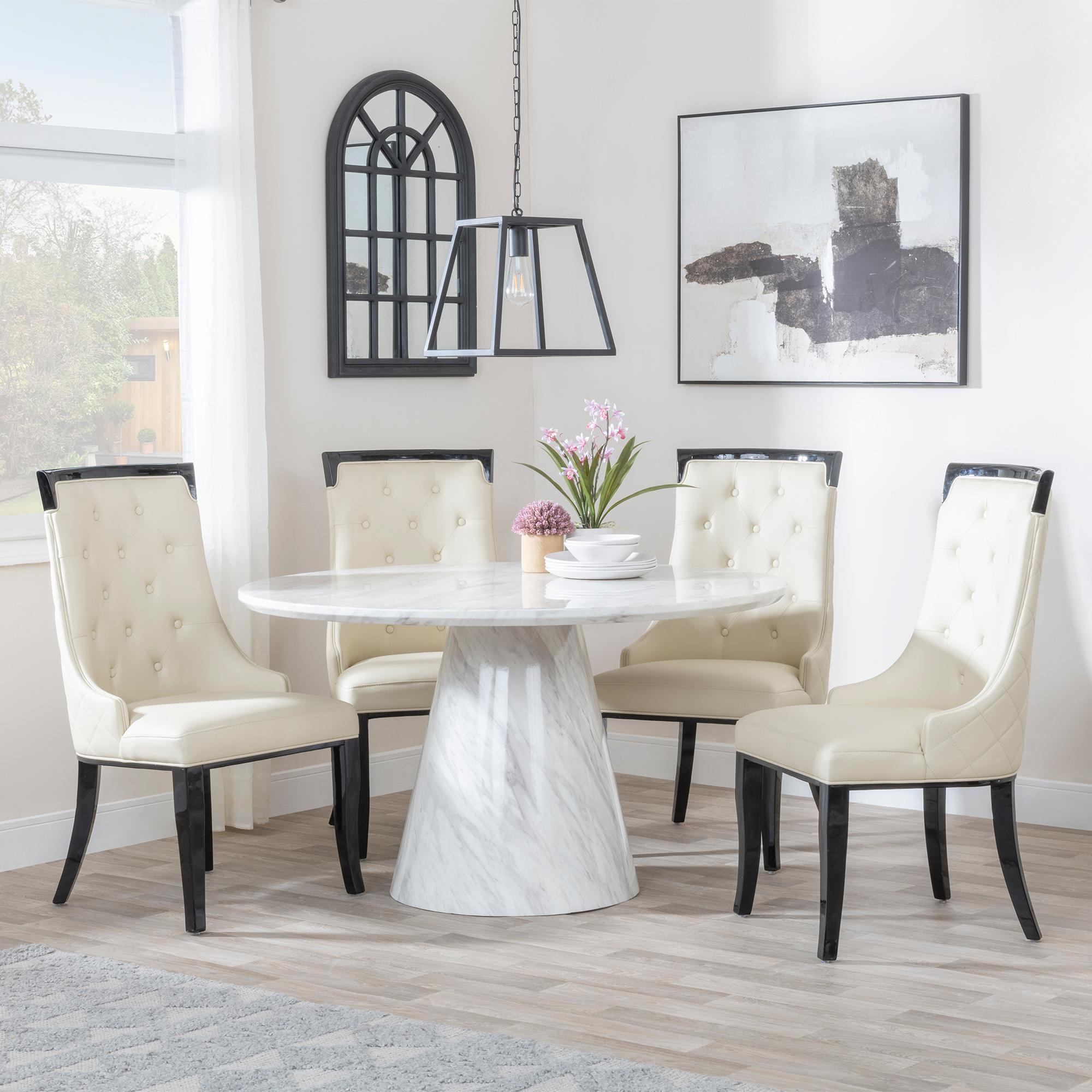 Carrera 4 Seater White Marble Round Dining Set - 4 Carmela Cream Leather Dining Chair