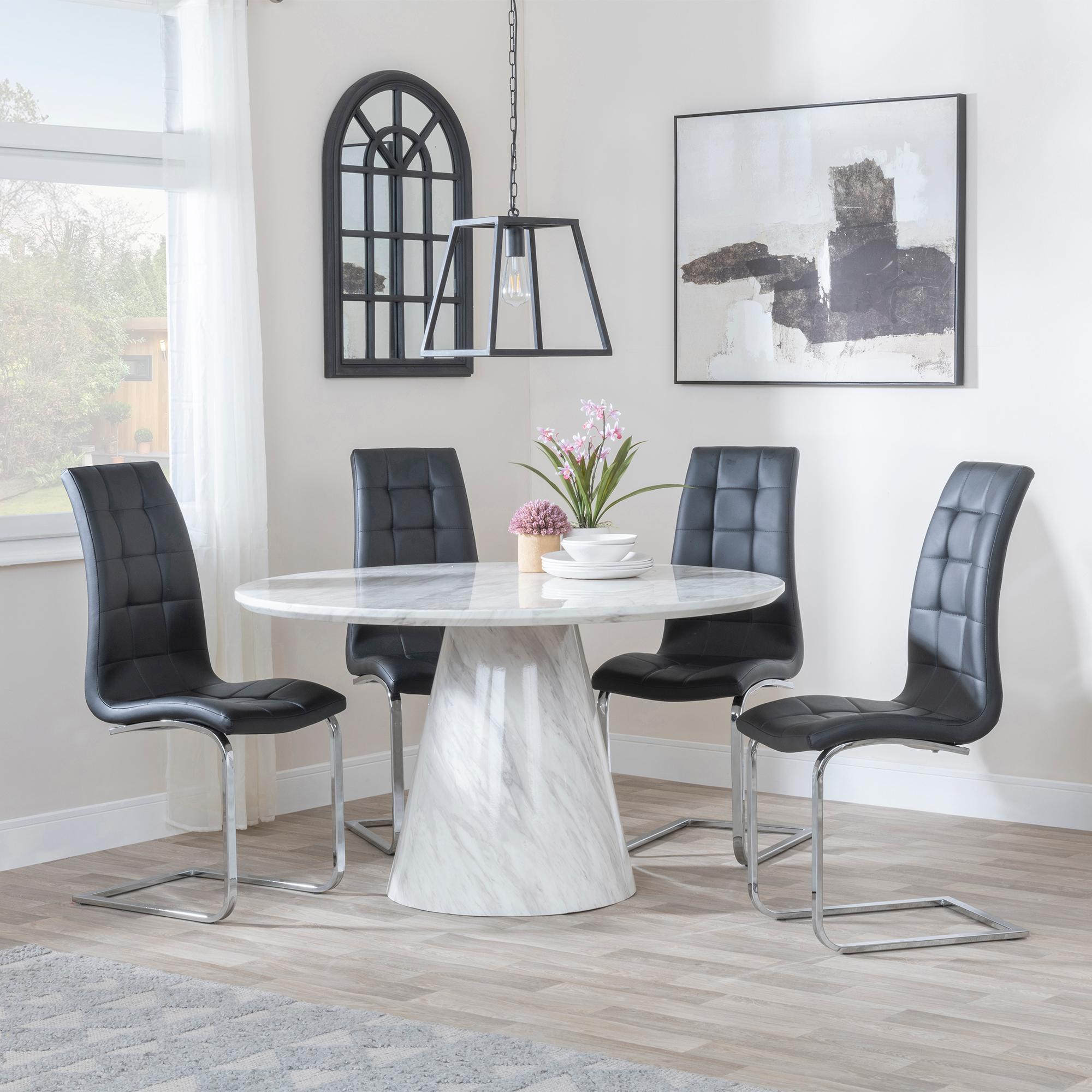 Carrera 4 Seater White Marble Round Dining Set - 4 Jamison Black Faux Leather Dining Chair