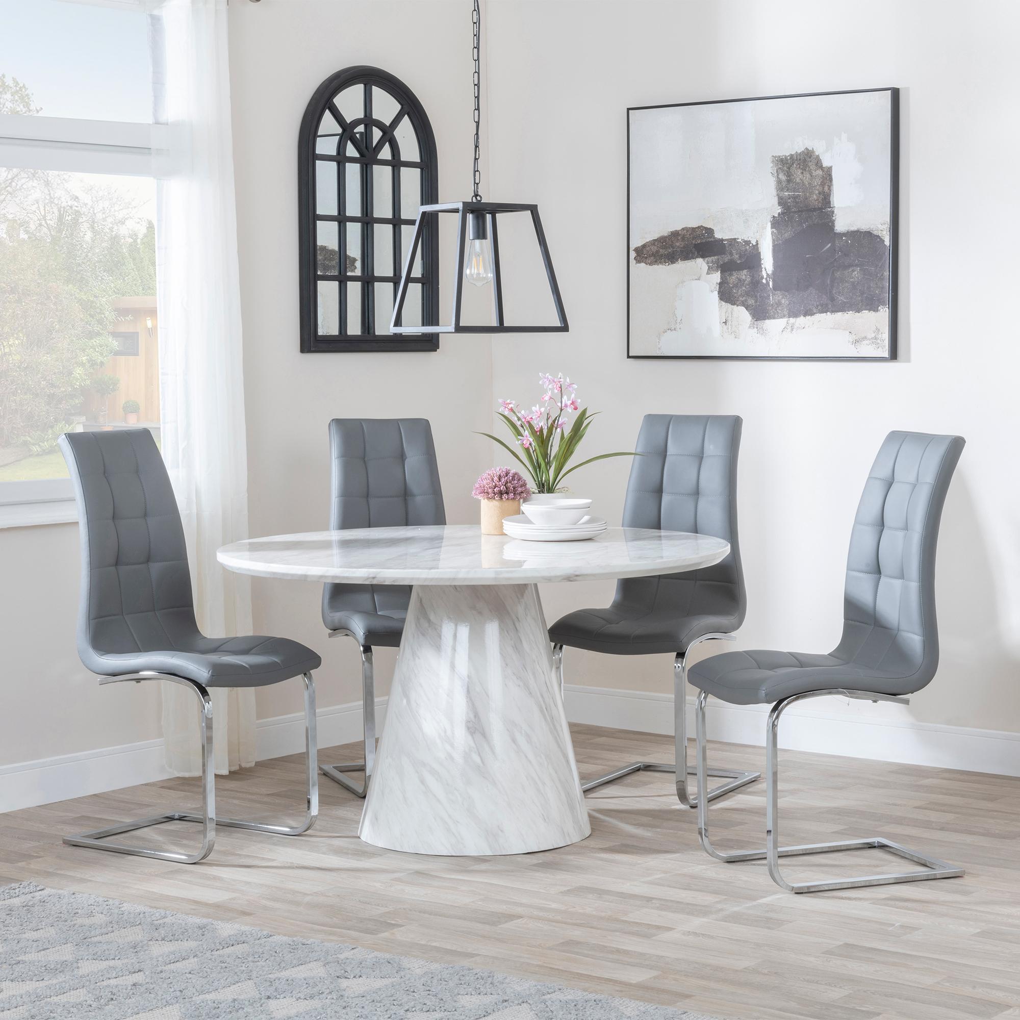 Carrera 4 Seater White Marble Round Dining Set - 4 Jamison Grey Faux Leather Dining Chair