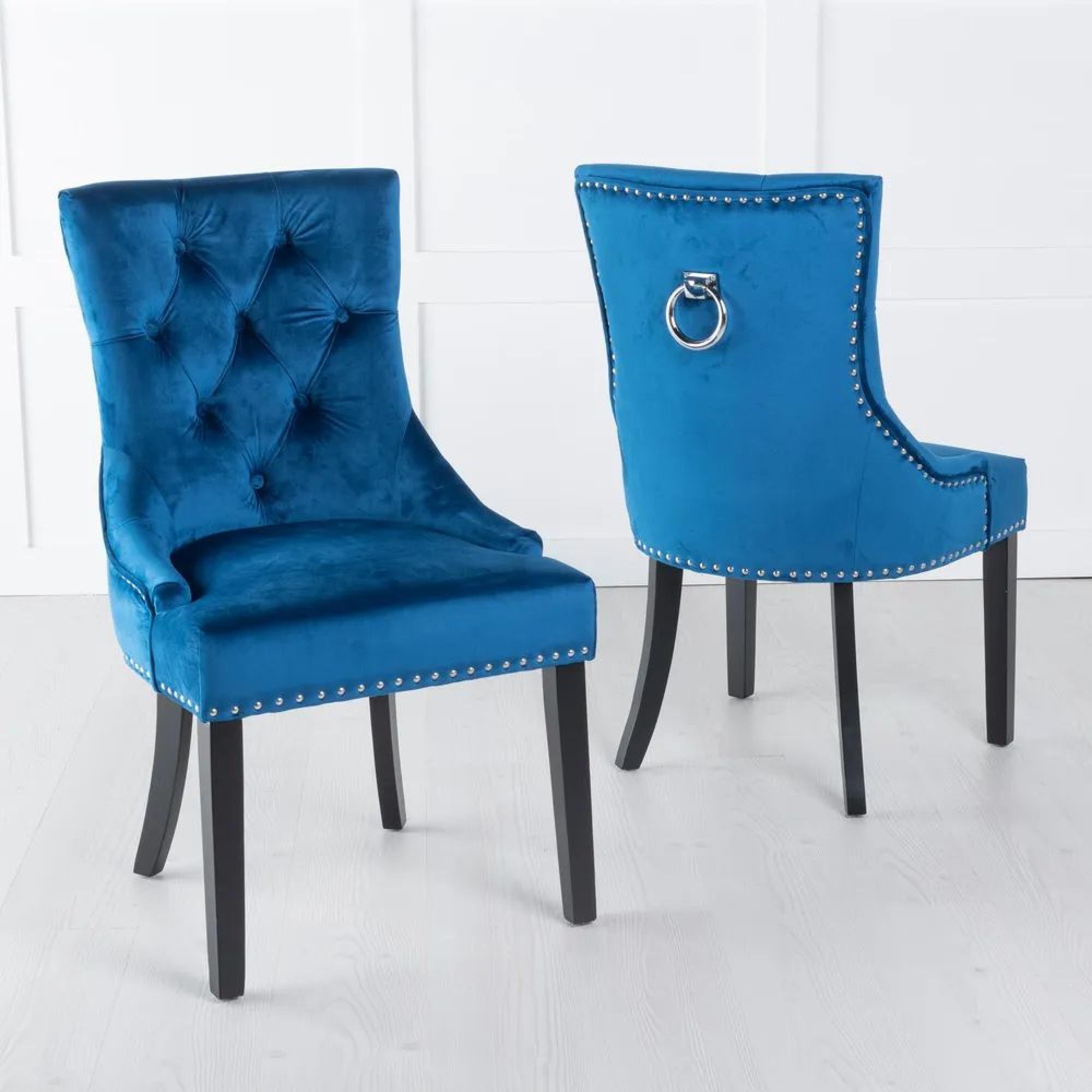 Carrera Dining Set - 4 Seater - 130cm - Round - White Marble - 4x Knocker Back Dining Chairs - Blue Velvet Fabric - Black Wooden Legs