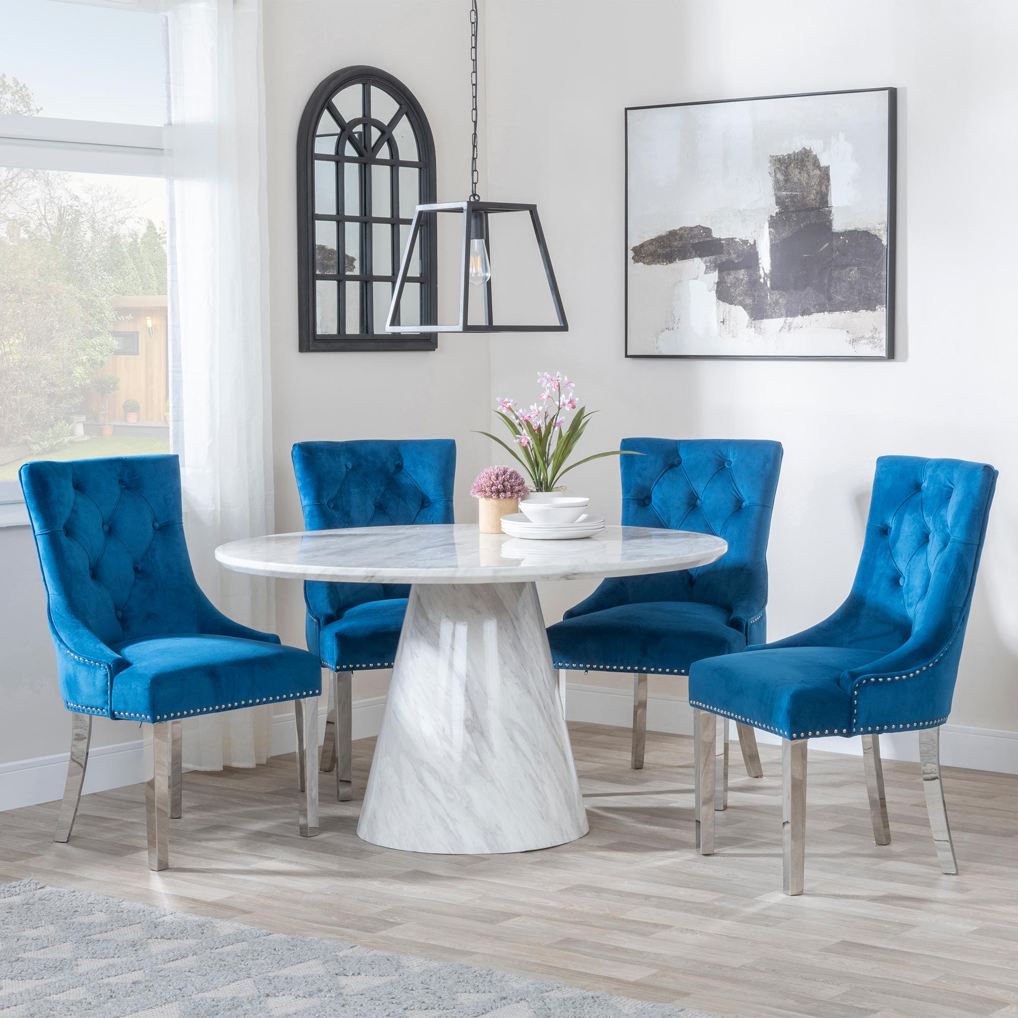 Carrera 4 Seater White Marble Round Dining Set - 4 Knocker Back Blue Velvet Fabric Dining Chair with Chrome Legs