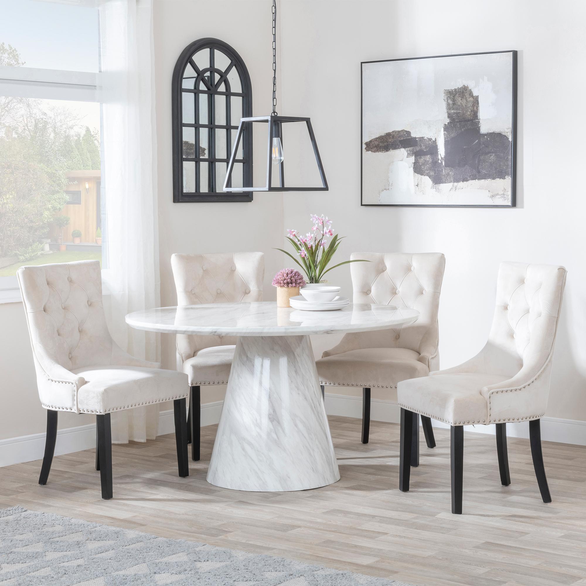Carrera 4 Seater White Marble Round Dining Set - 4 Knocker Back Champagne Velvet Fabric Dining Chair with Black Wooden Legs