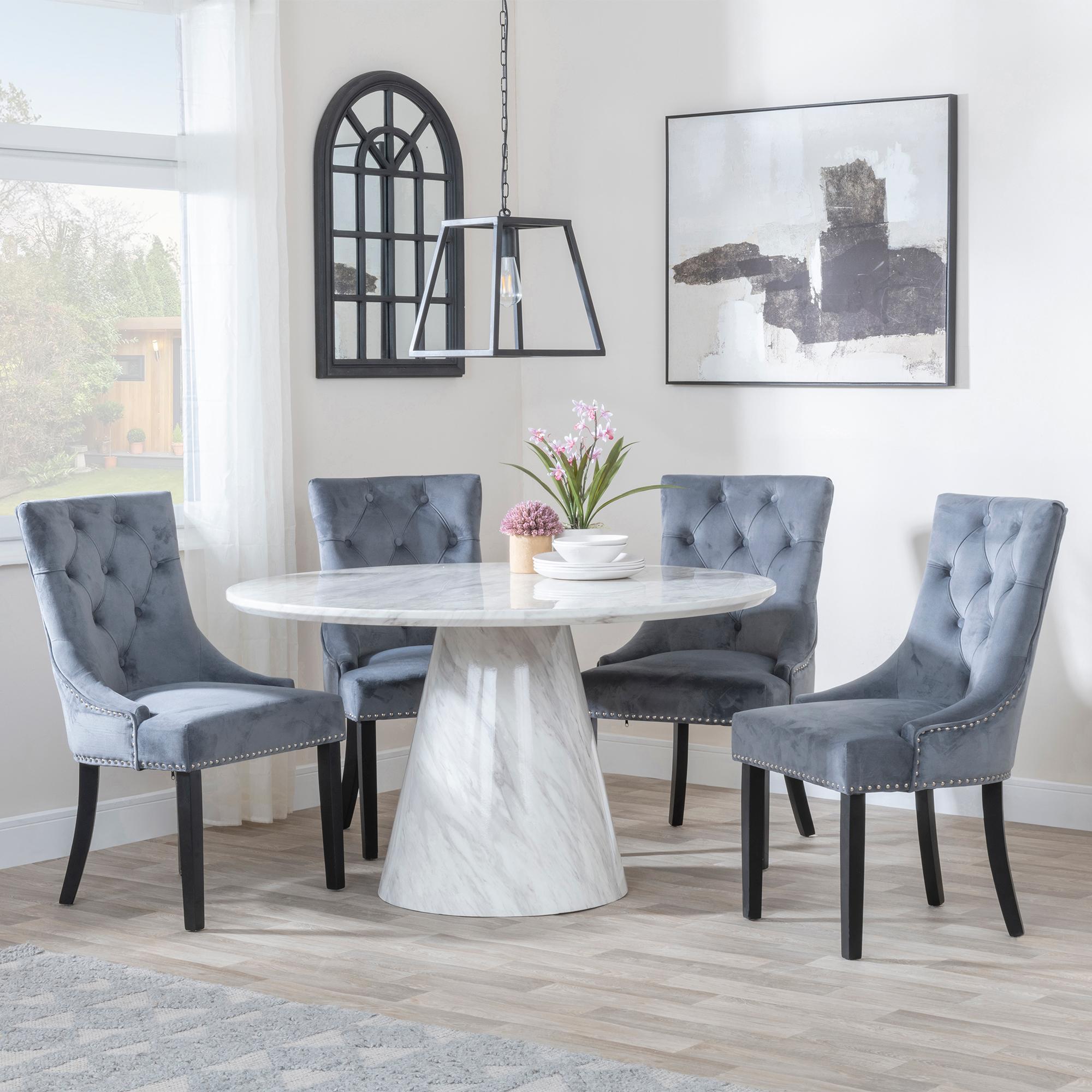 Carrera 4 Seater White Marble Round Dining Set - 4 Knocker Back Grey Velvet Fabric Dining Chair with Black Wooden Legs