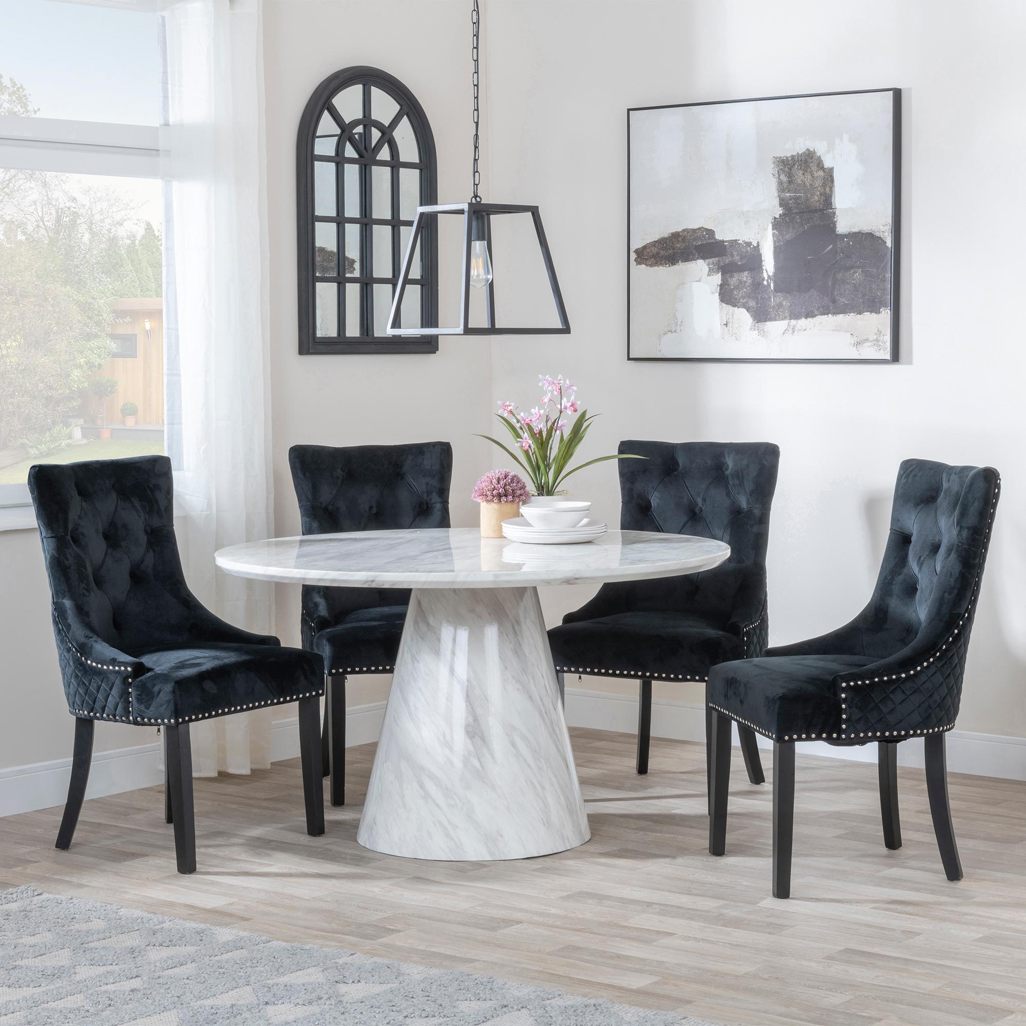 Carrera 4 Seater White Marble Round Dining Set - 4 Lion Knocker Back Black Velvet Fabric Dining Chair with Black Wooden Legs