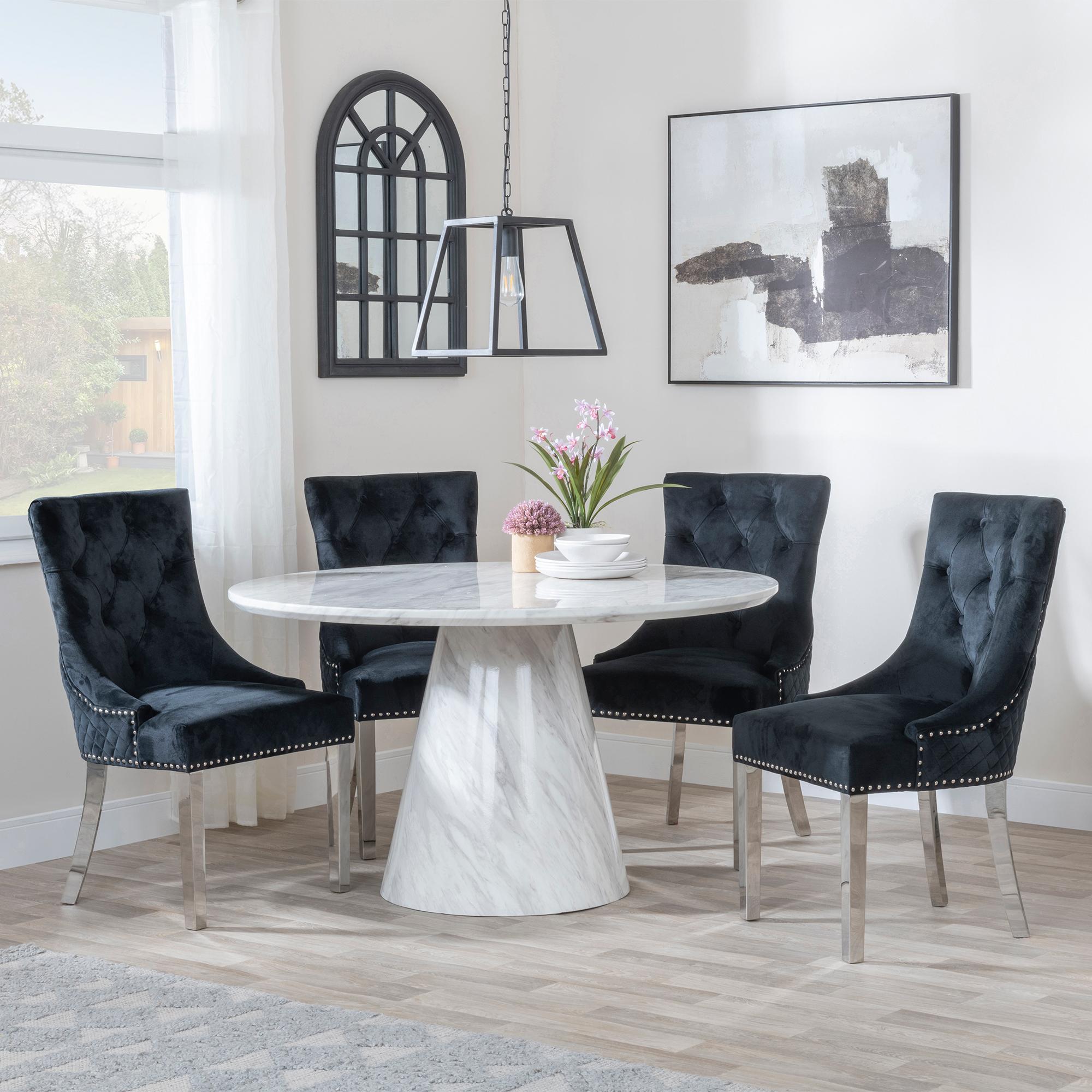 Carrera 4 Seater White Marble Round Dining Set - 4 Lion Knocker Back Black Velvet Fabric Dining Chair with Chrome Legs