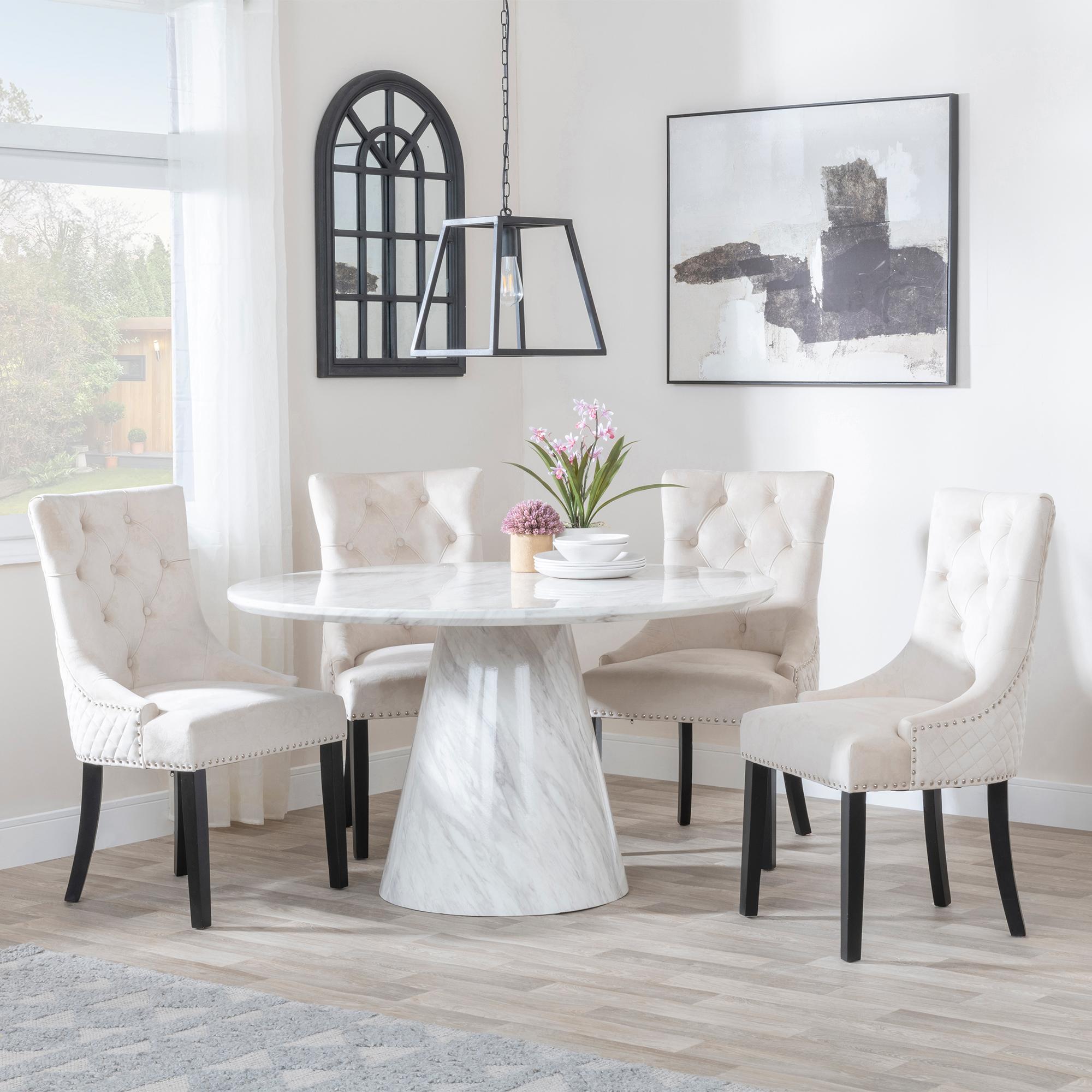 Carrera 4 Seater White Marble Round Dining Set - 4 Lion Knocker Back Champagne Velvet Fabric Dining Chair with Black Wooden Legs