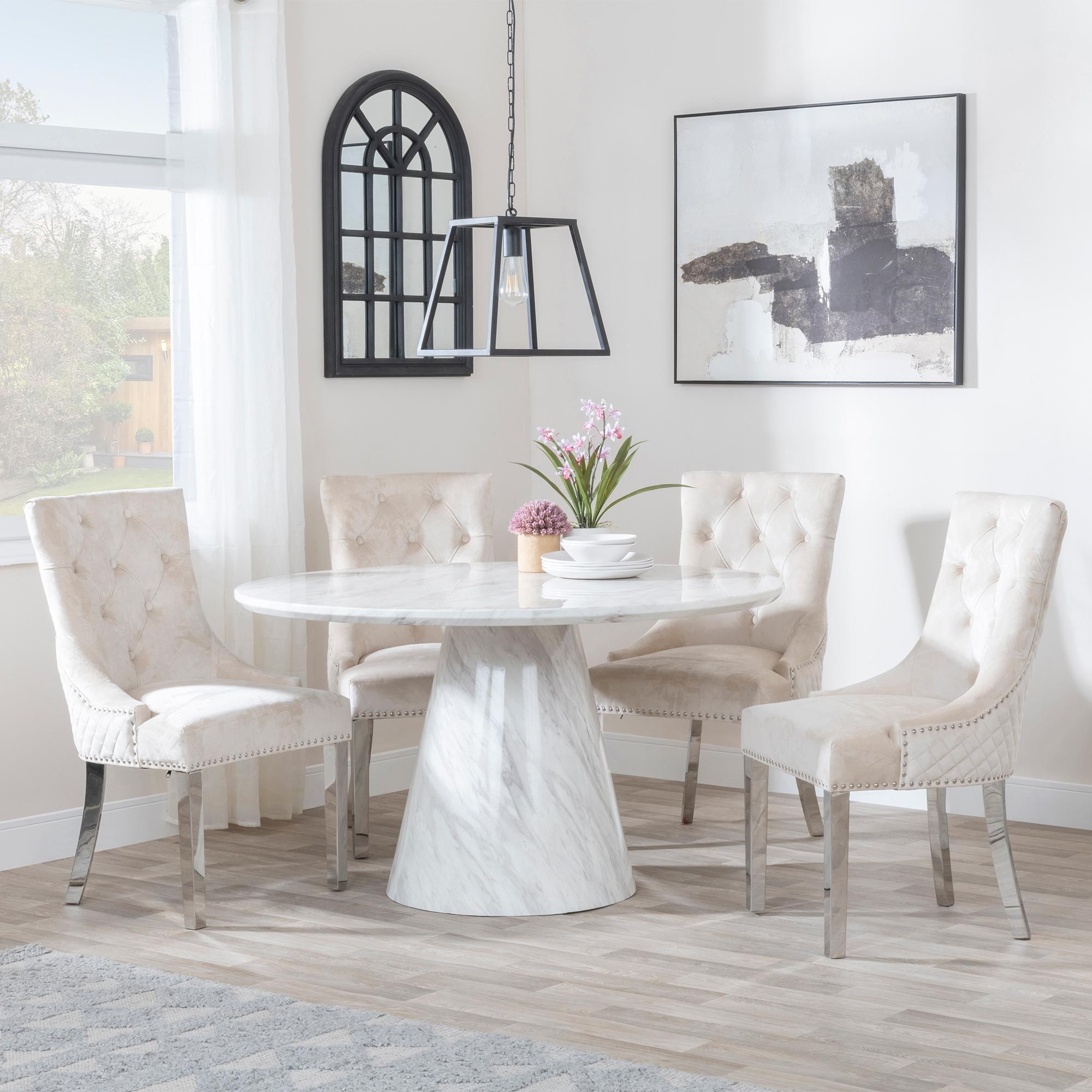 Carrera 4 Seater White Marble Round Dining Set - 4 Lion Knocker Back Champagne Velvet Fabric Dining Chair with Chrome Legs