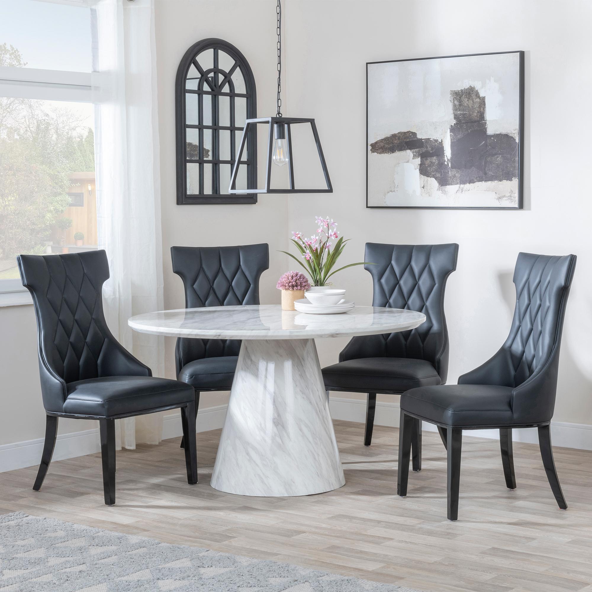 Carrera 4 Seater White Marble Round Dining Set - 4 Mimi Black Leather Dining Chair
